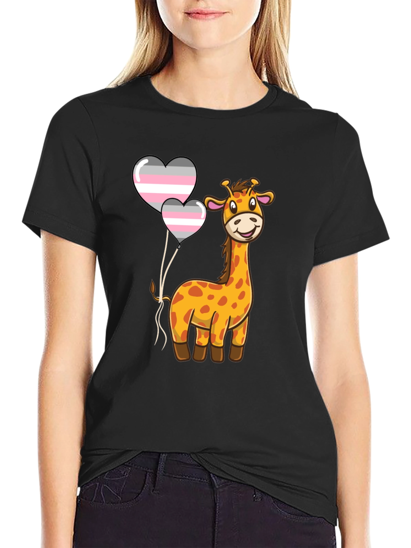 Black Giraffe with Demigender Pride Balloons T-Shirt view 2
