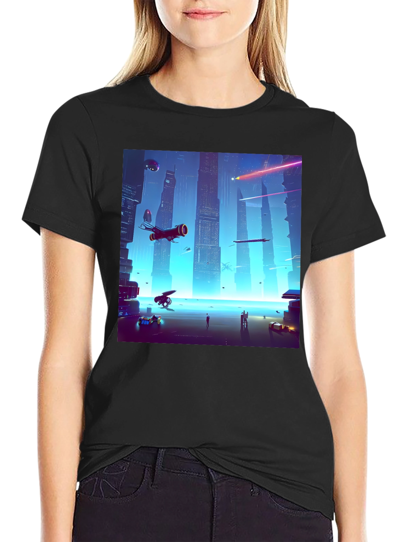 Black Sci-Fi Cityscape Black T-Shirt view 2