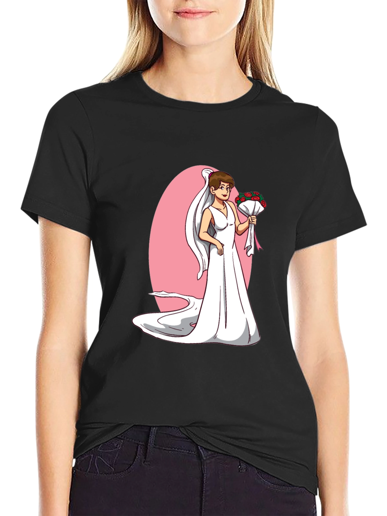 Black Bride Cartoon T-Shirt - Black, Funny Wedding Tee view 2