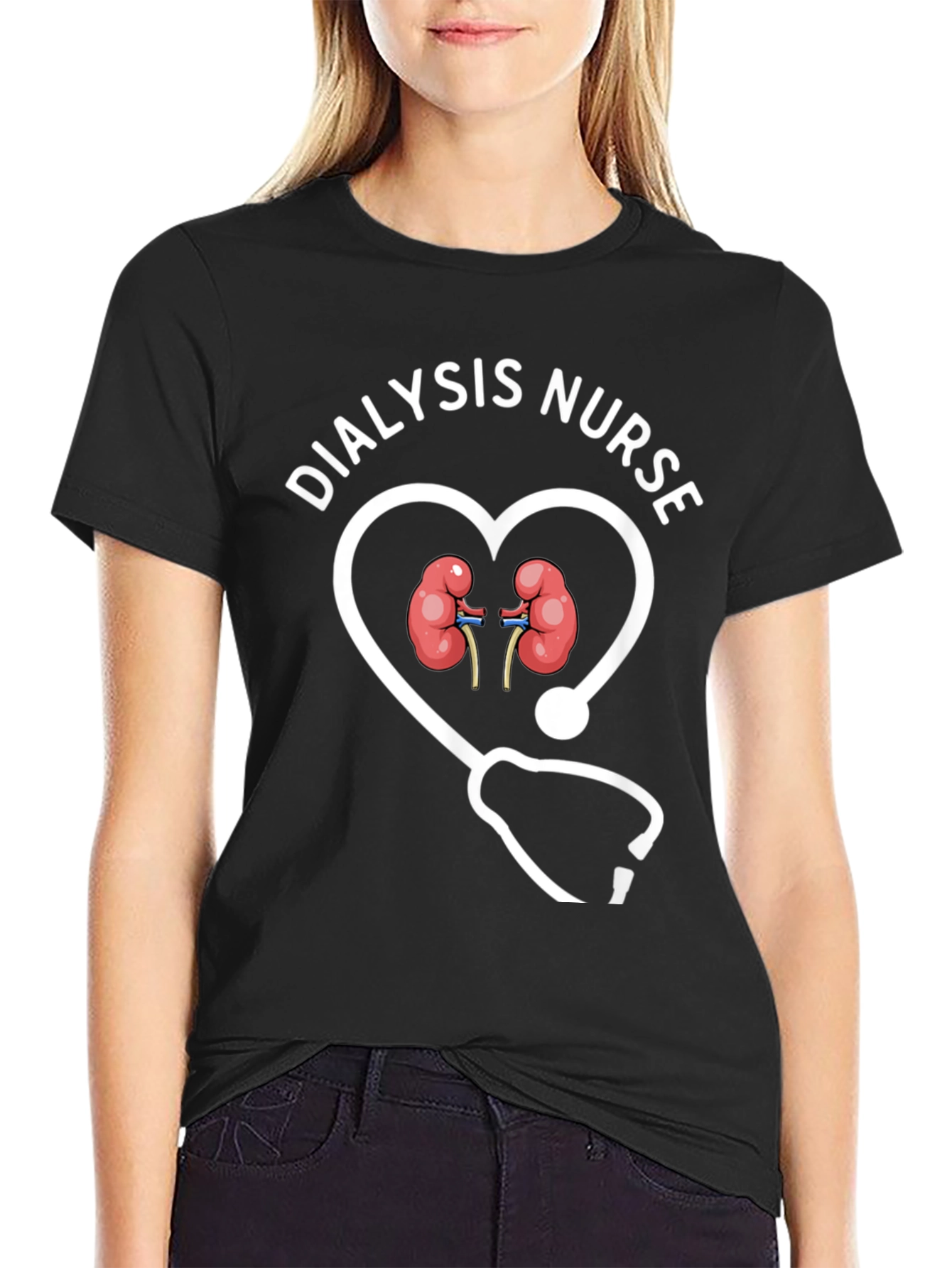 Black Dialysis Nurse Heart Stethoscope Graphic T-Shirt view 2