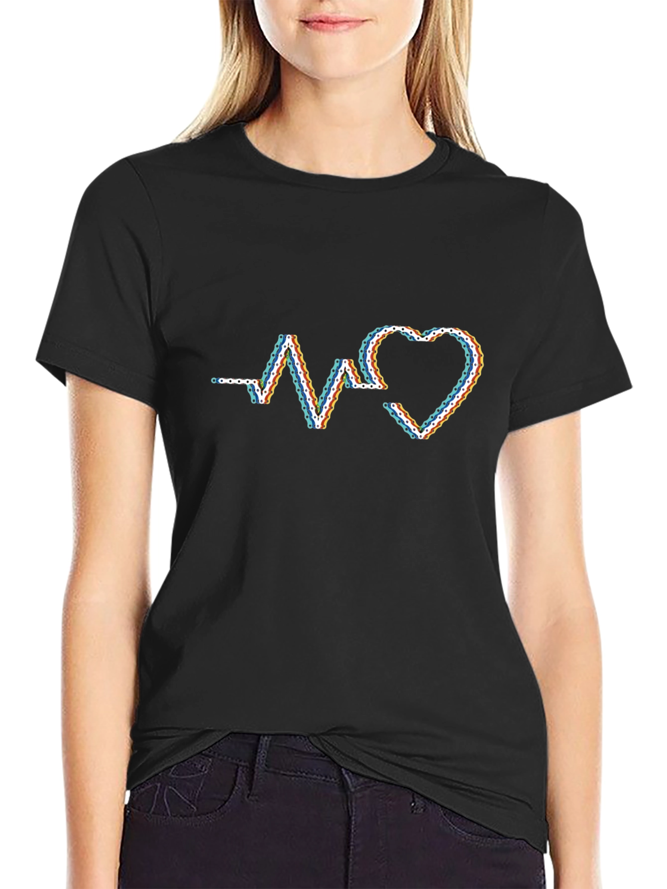 Black Heartbeat Chain Graphic T-Shirt - Modern Style view 2