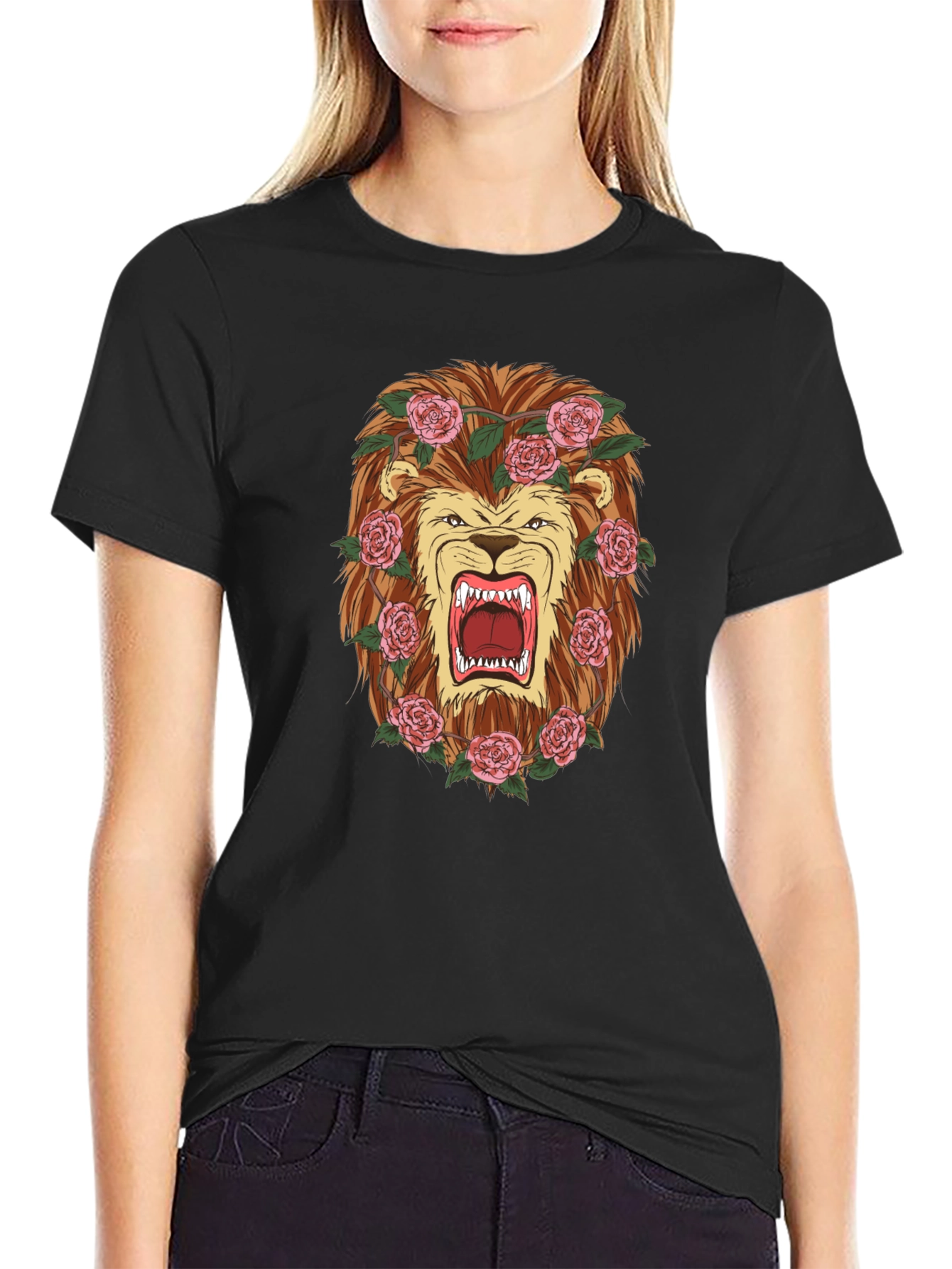 Black Lion & Roses Graphic T-Shirt - Men's Black Tee view 2