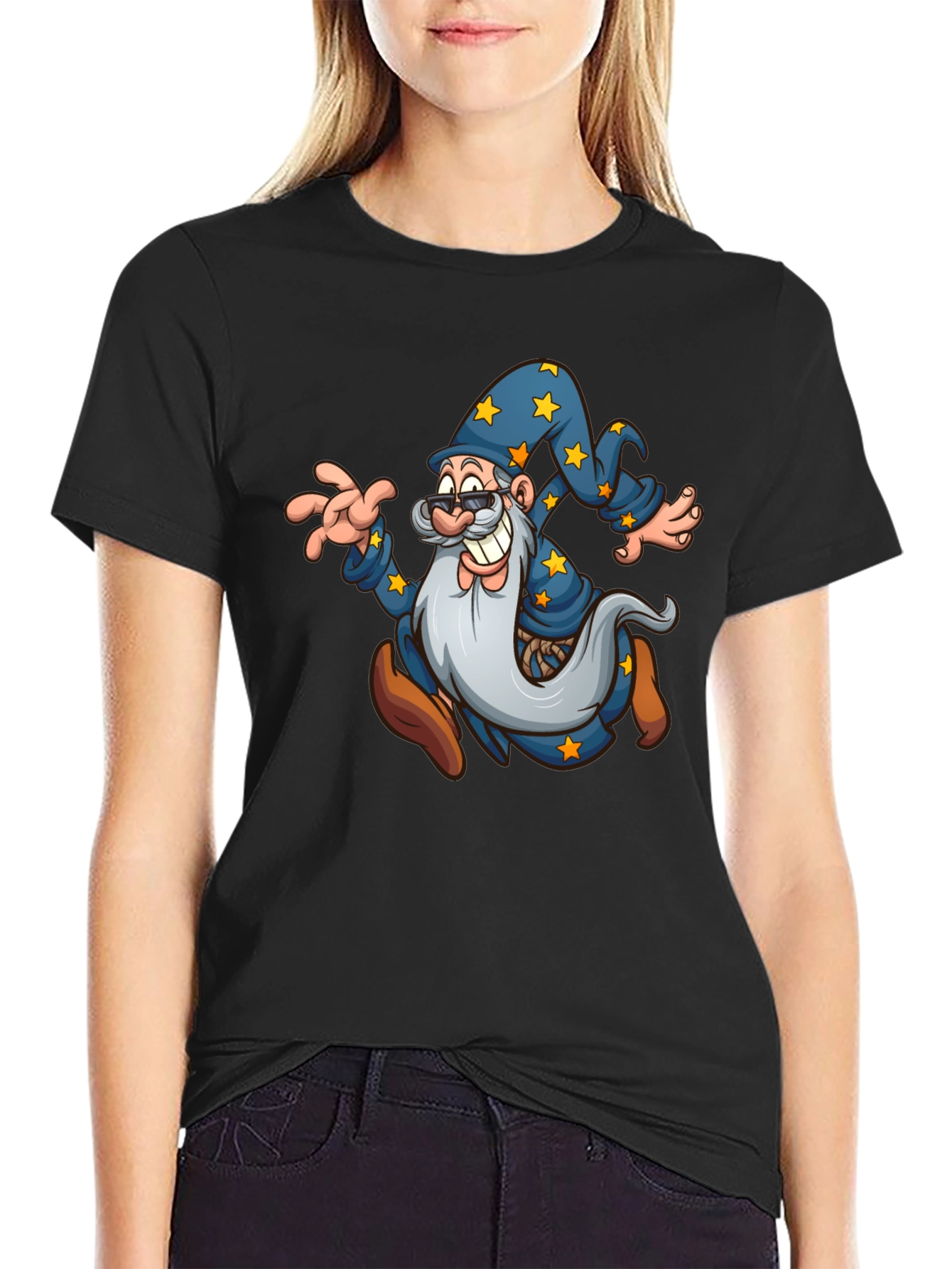 Black Wizard Cartoon Graphic T-Shirt - Black view 2
