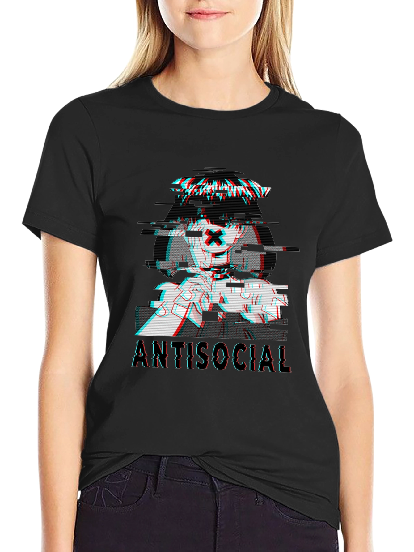 Black Antisocial Glitch Anime T-Shirt - Black view 2