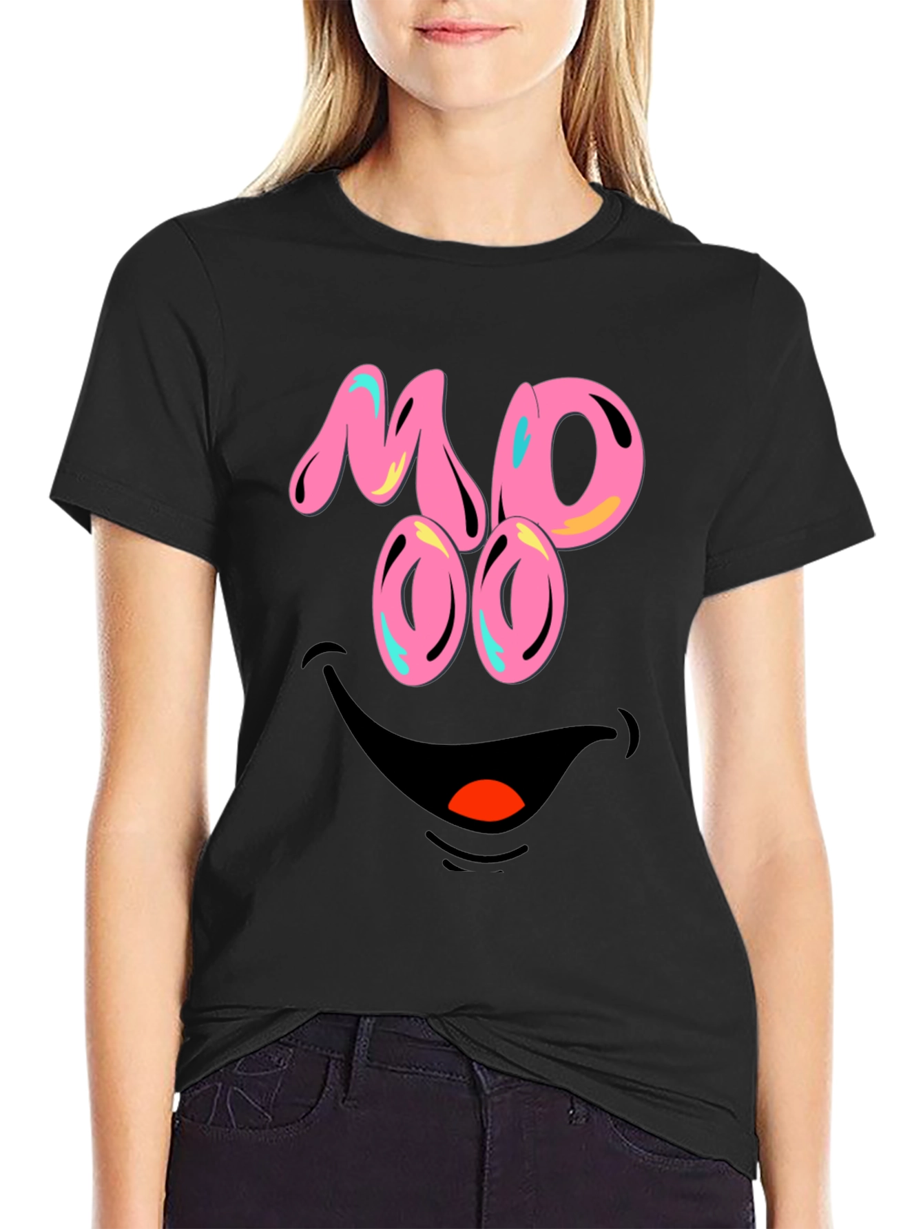 Black Funny MOOO Face Graphic T-Shirt view 2