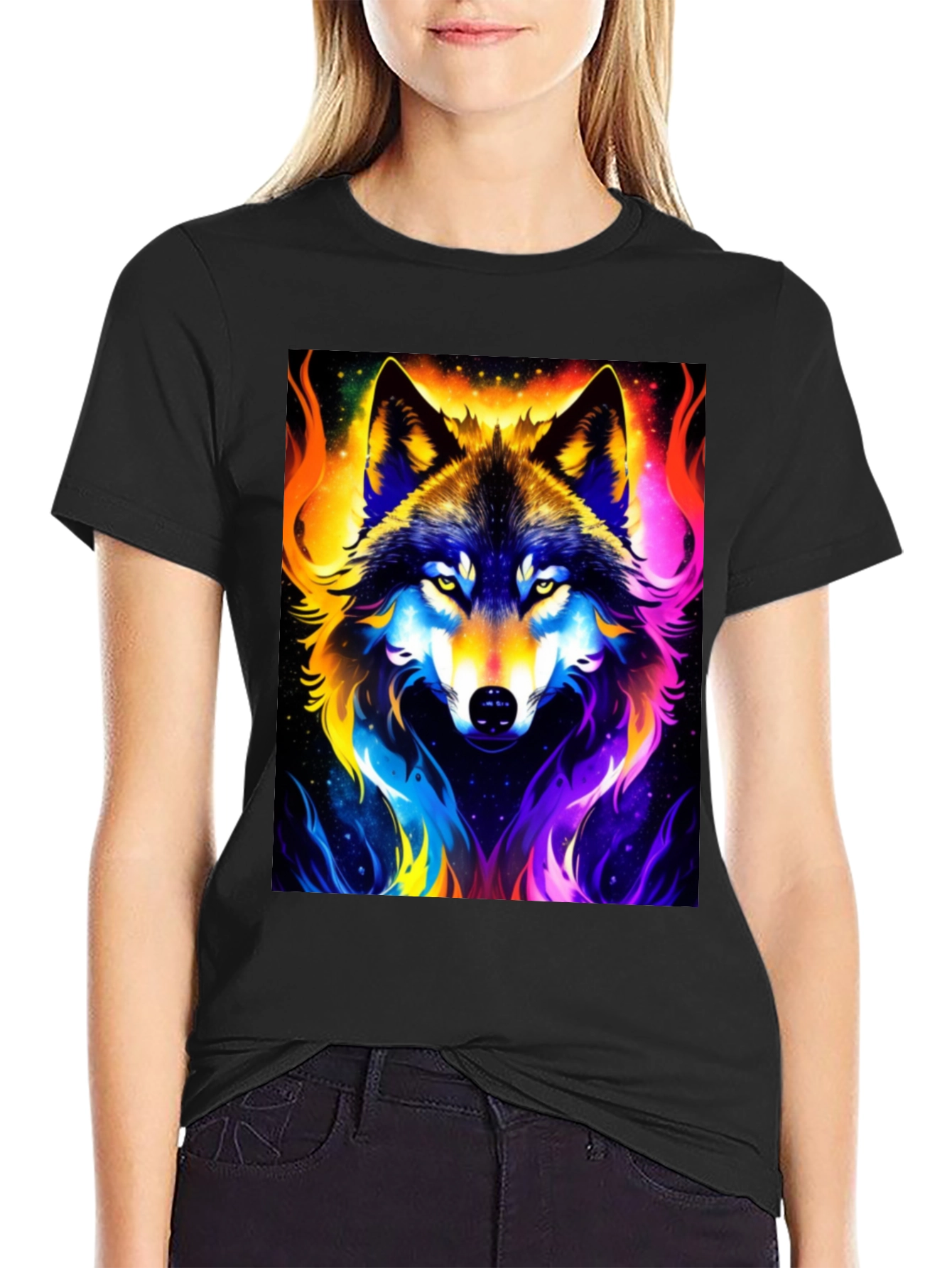 Black Vibrant Wolf Graphic Black T-Shirt view 2