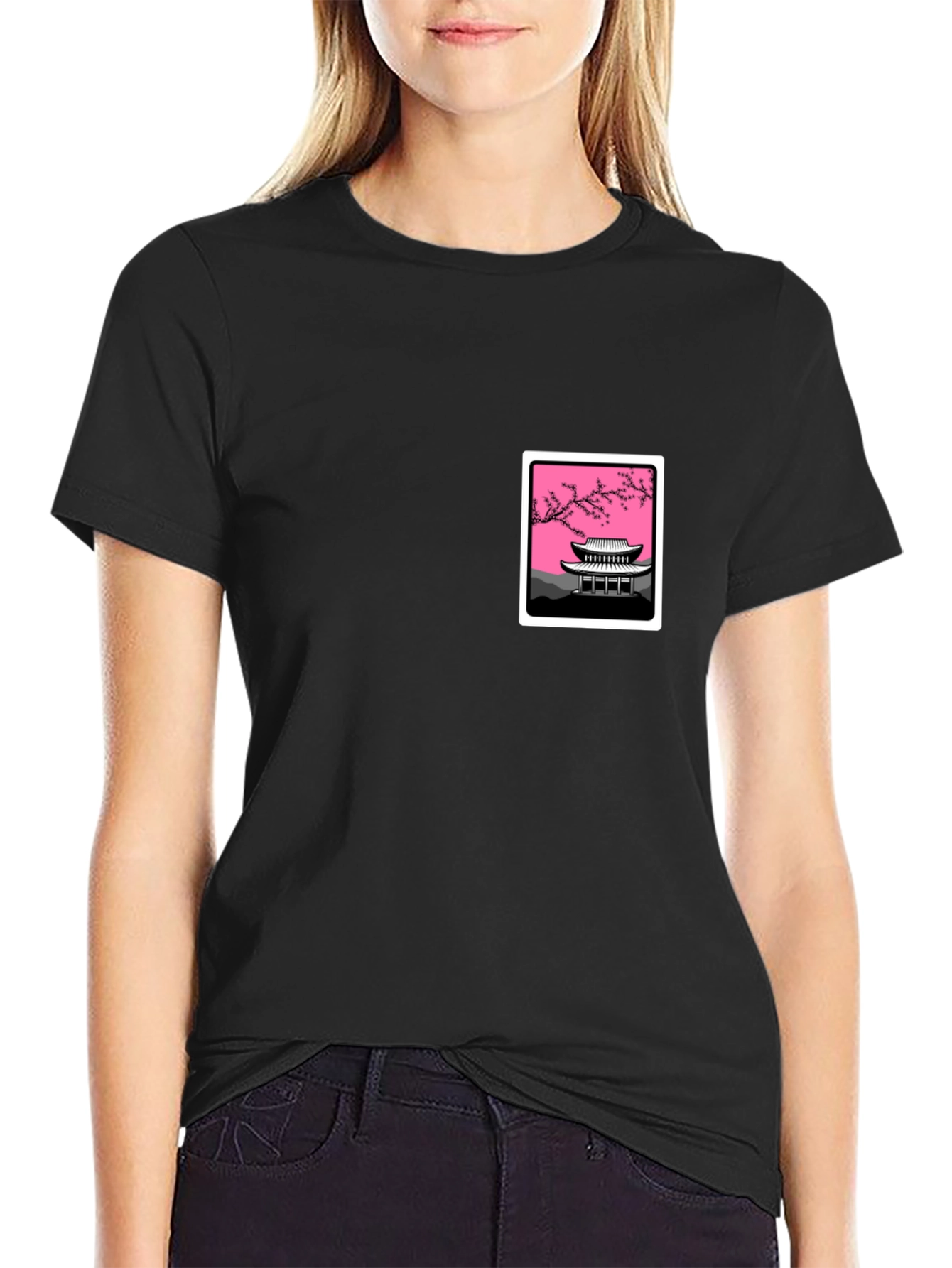 Black Graphic Tee - Asian Temple Blossom Design view 2