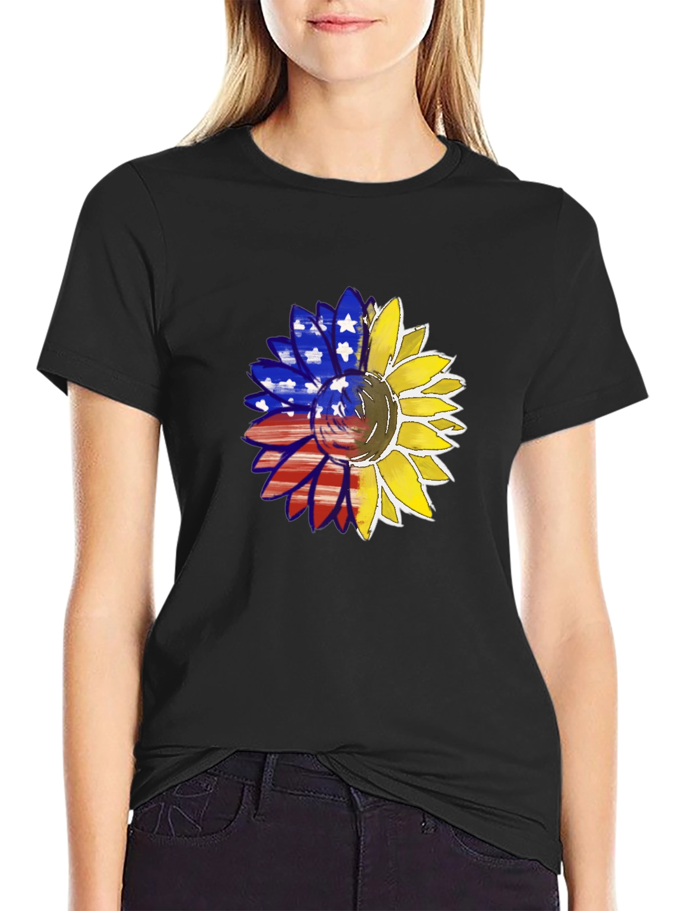 Black Patriotic Sunflower Graphic T-Shirt view 2