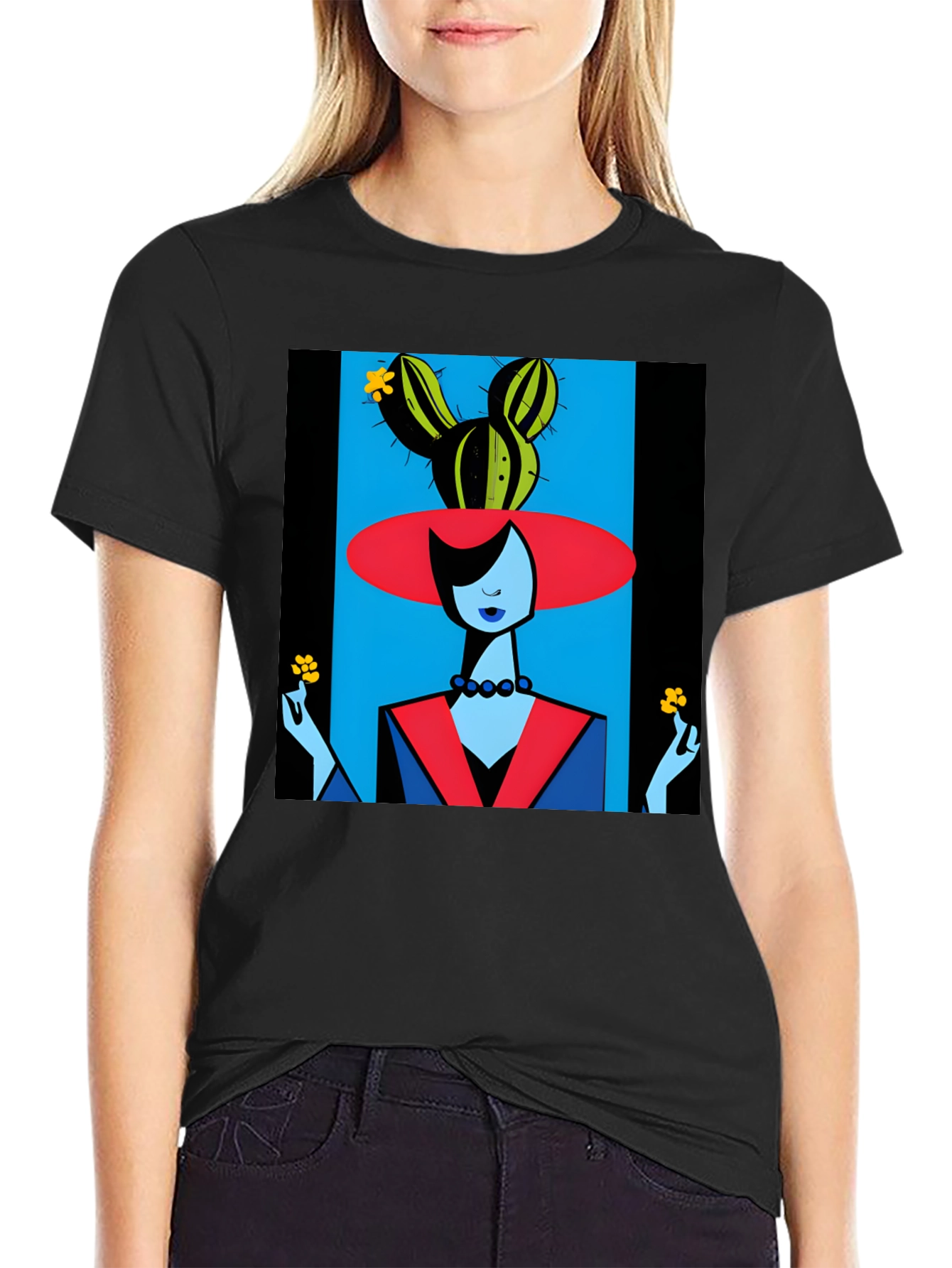 Black Abstract Cactus Woman Graphic Tee view 2
