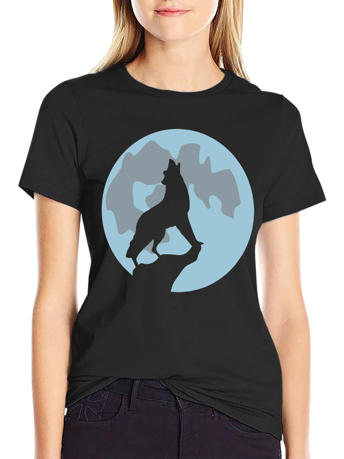 Black Wolf Moon Graphic Tee - Black Cotton T-Shirt view 2