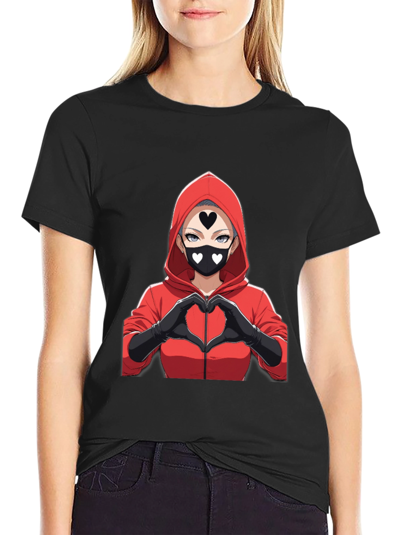 Black Anime Heart Mask T-Shirt - Black Cotton Tee view 2