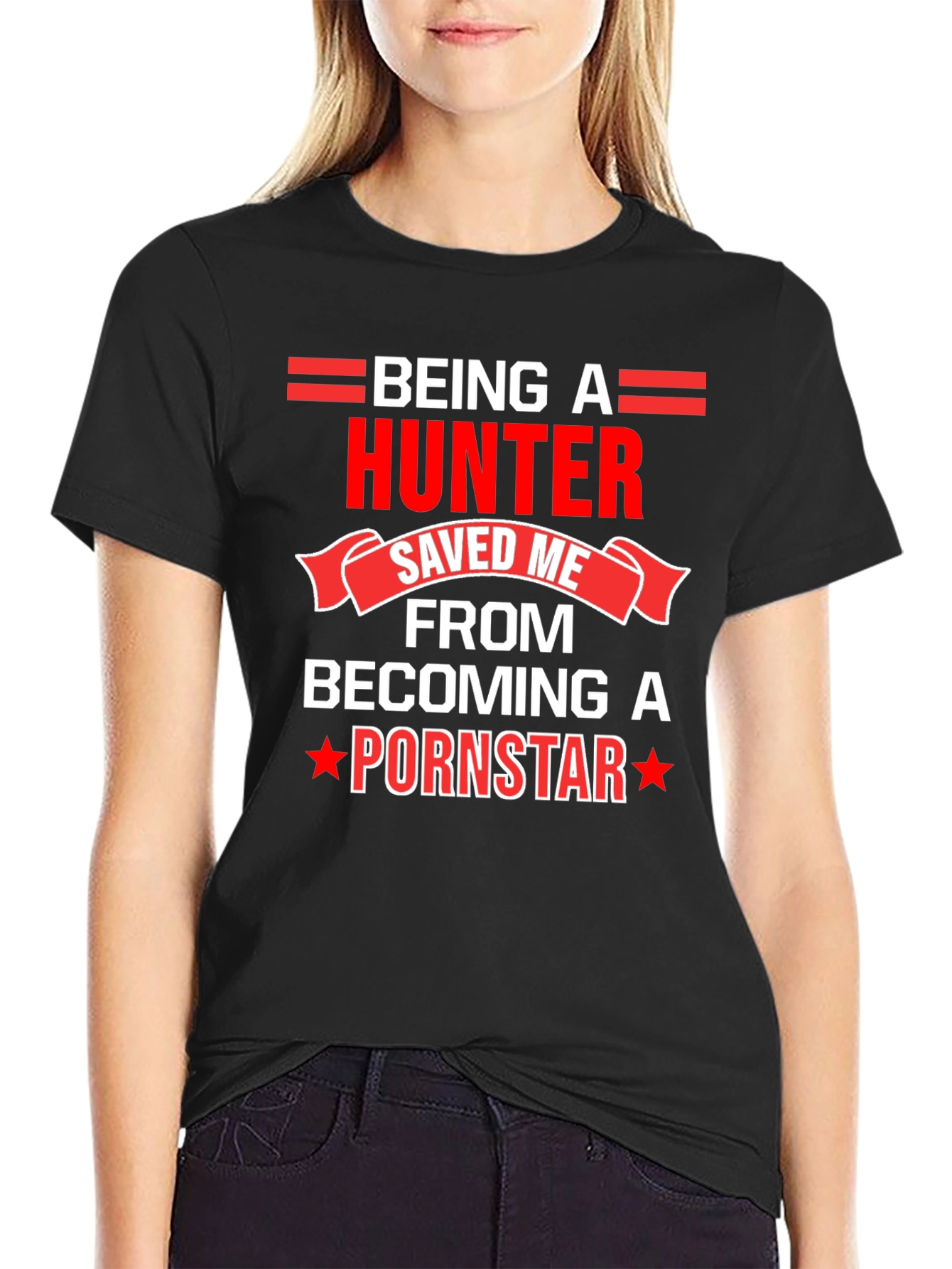 Black Hunter Humor Tee: Saved Me From Being A Pornstar view 2