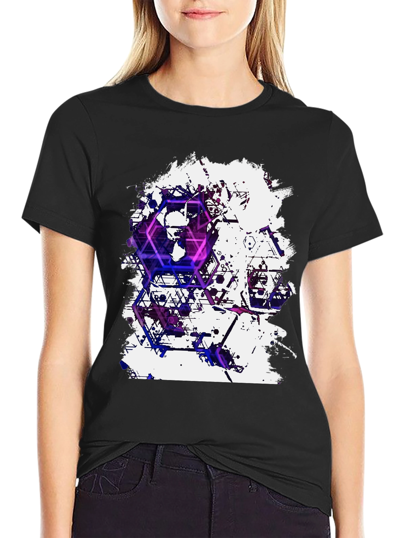Black Geometric Skull T-Shirt - Artistic Graphic Tee view 2