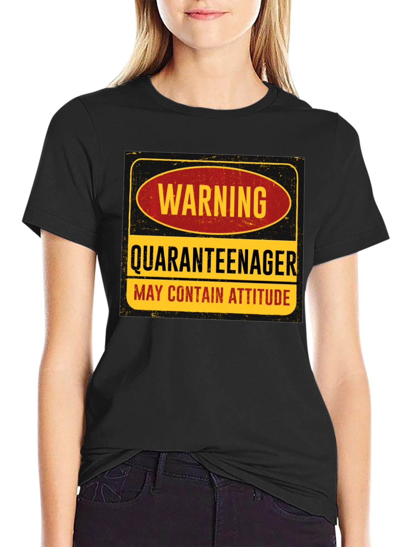 Black Warning Quaranteenager T-Shirt - May Contain Attitude view 2