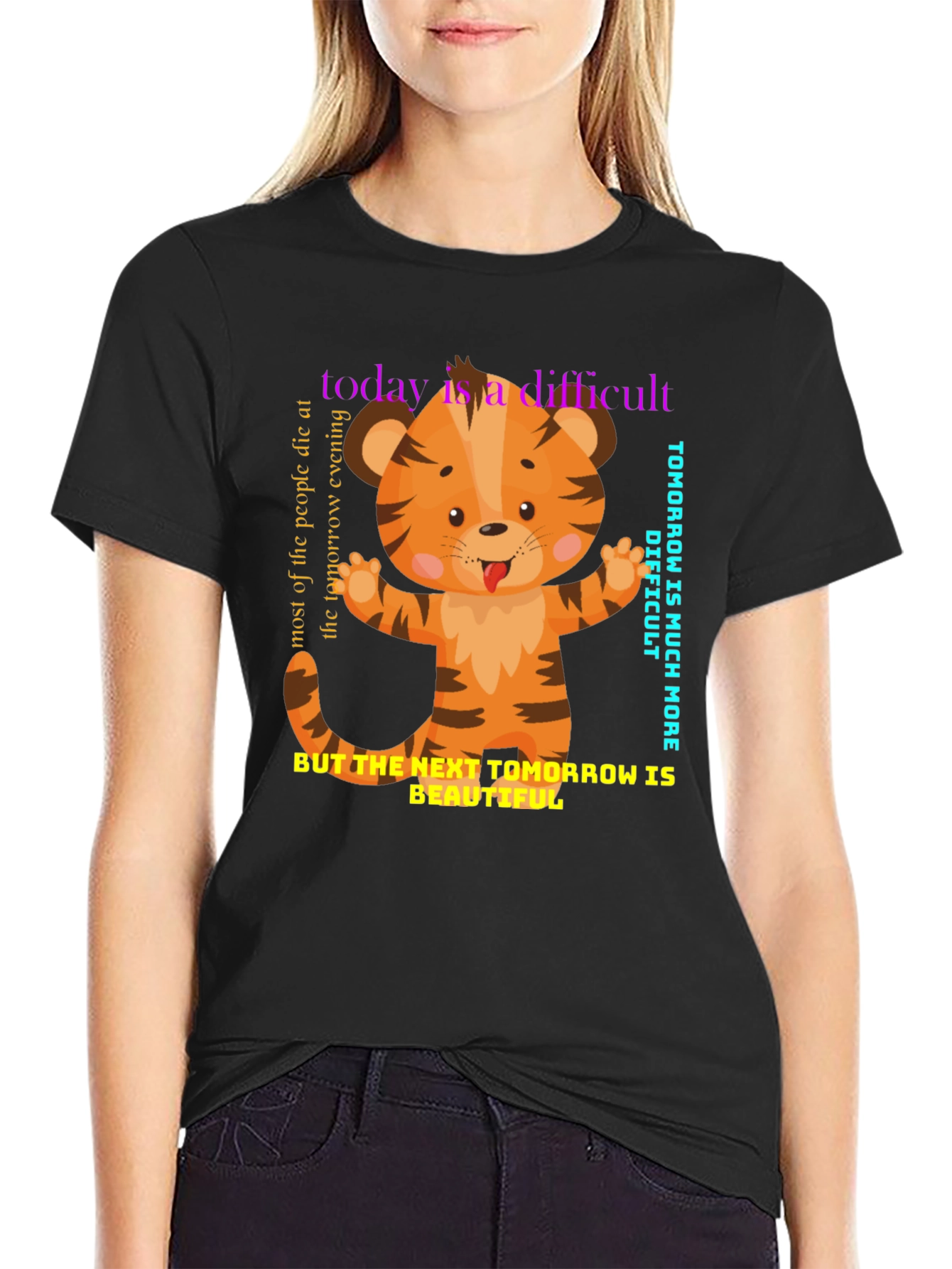 Black Cute Tiger Graphic Tee - Motivational Design view 2