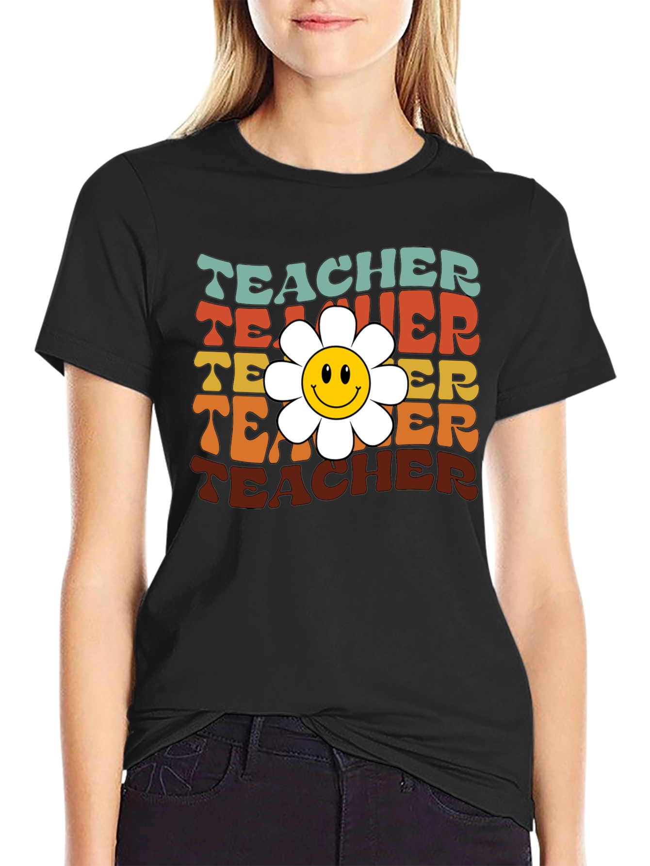 Black Retro Teacher Smiley Flower T-Shirt view 2
