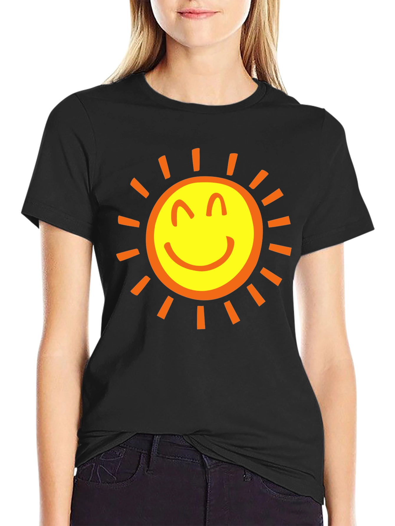 Black Happy Sun Graphic Tee - Black Cotton T-Shirt view 2
