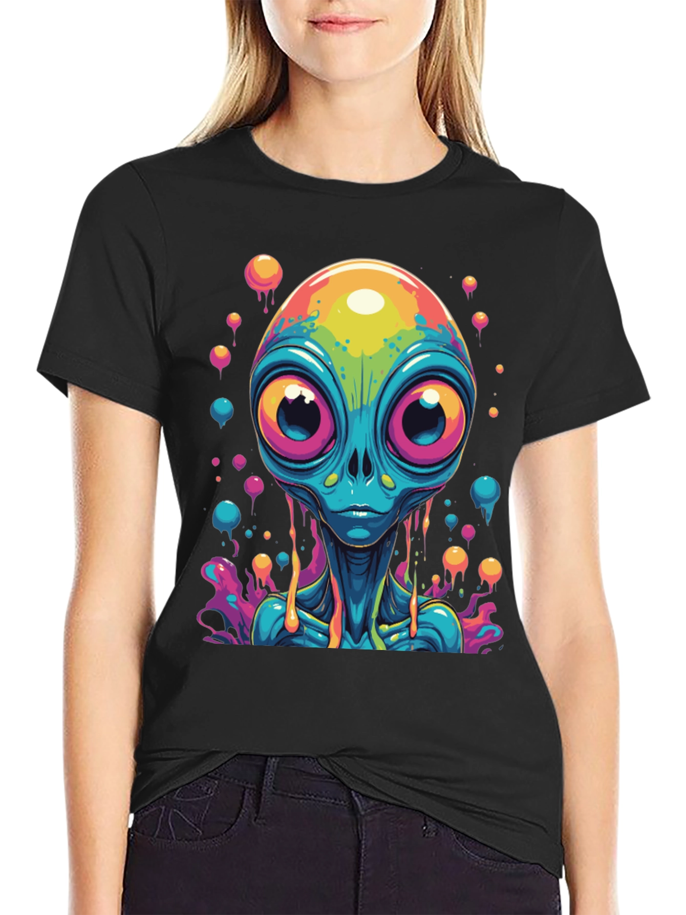 Black Psychedelic Alien Graphic Tee - Black Cotton T-Shirt view 2