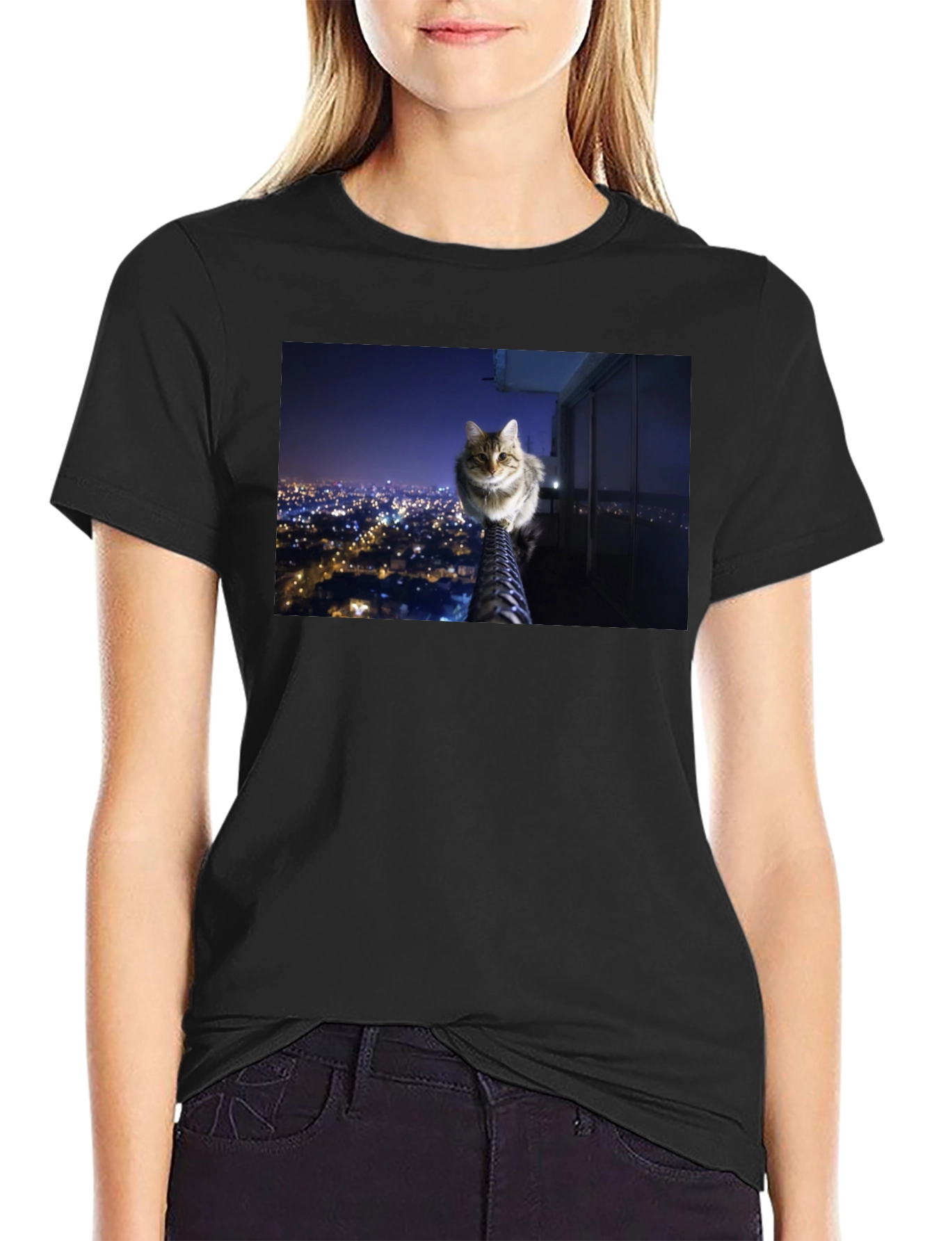 Black Cat on City View T-Shirt view 2