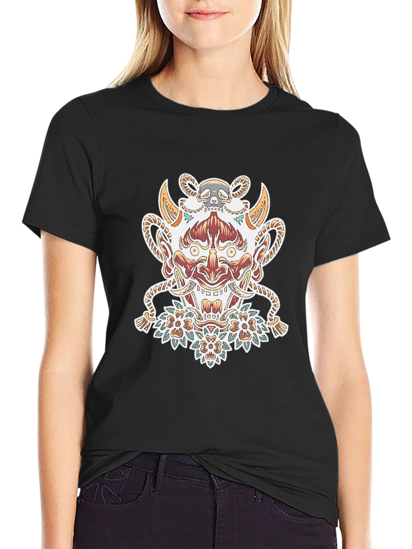Black Black T-Shirt with Oni Mask Graphic view 2