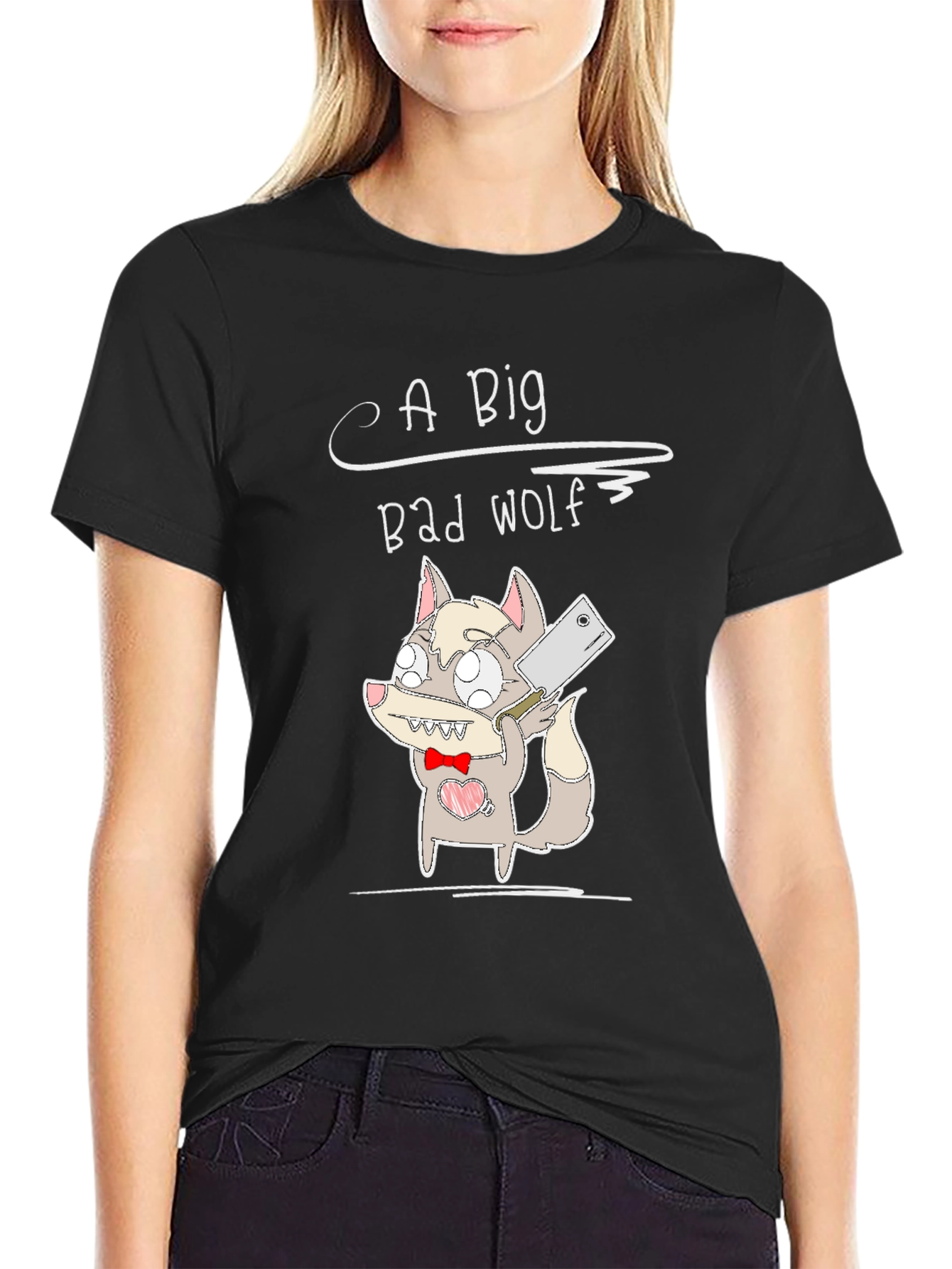 Black Big Bad Wolf Cartoon Graphic Black T-Shirt view 2