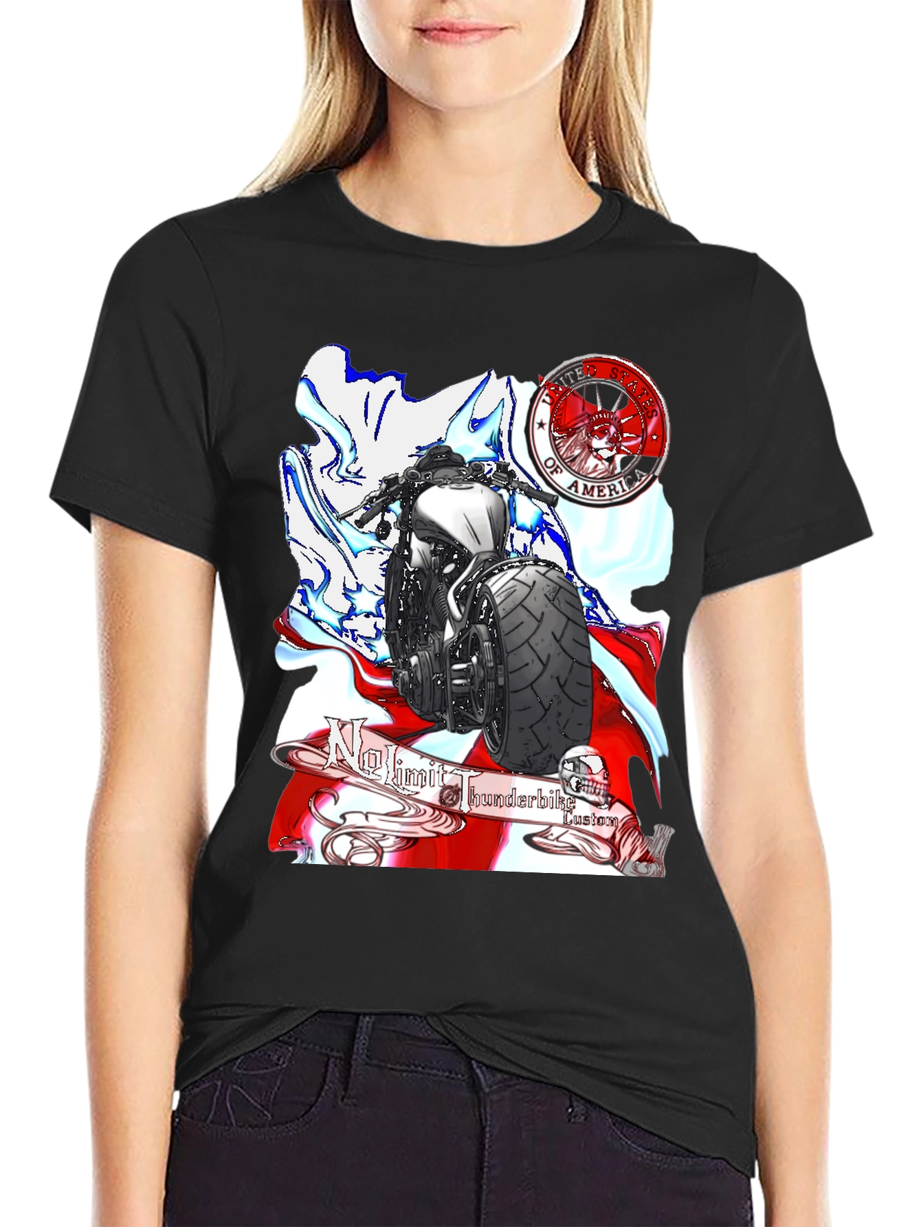 Black Motorcycle Graphic T-Shirt - Patriotic Design view 2