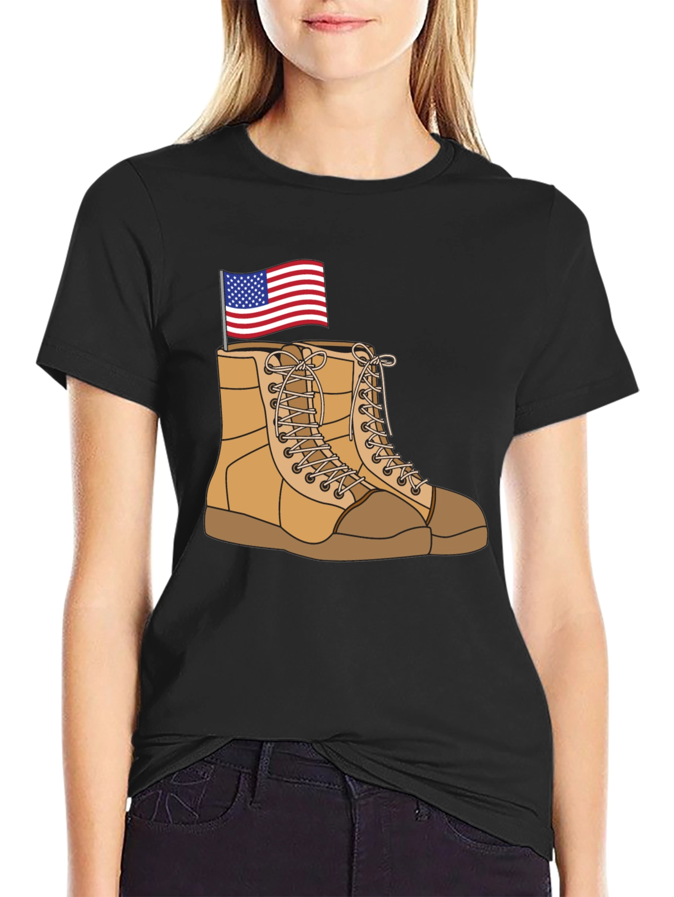 Black Graphic Tee with Boots and Flag Design view 2