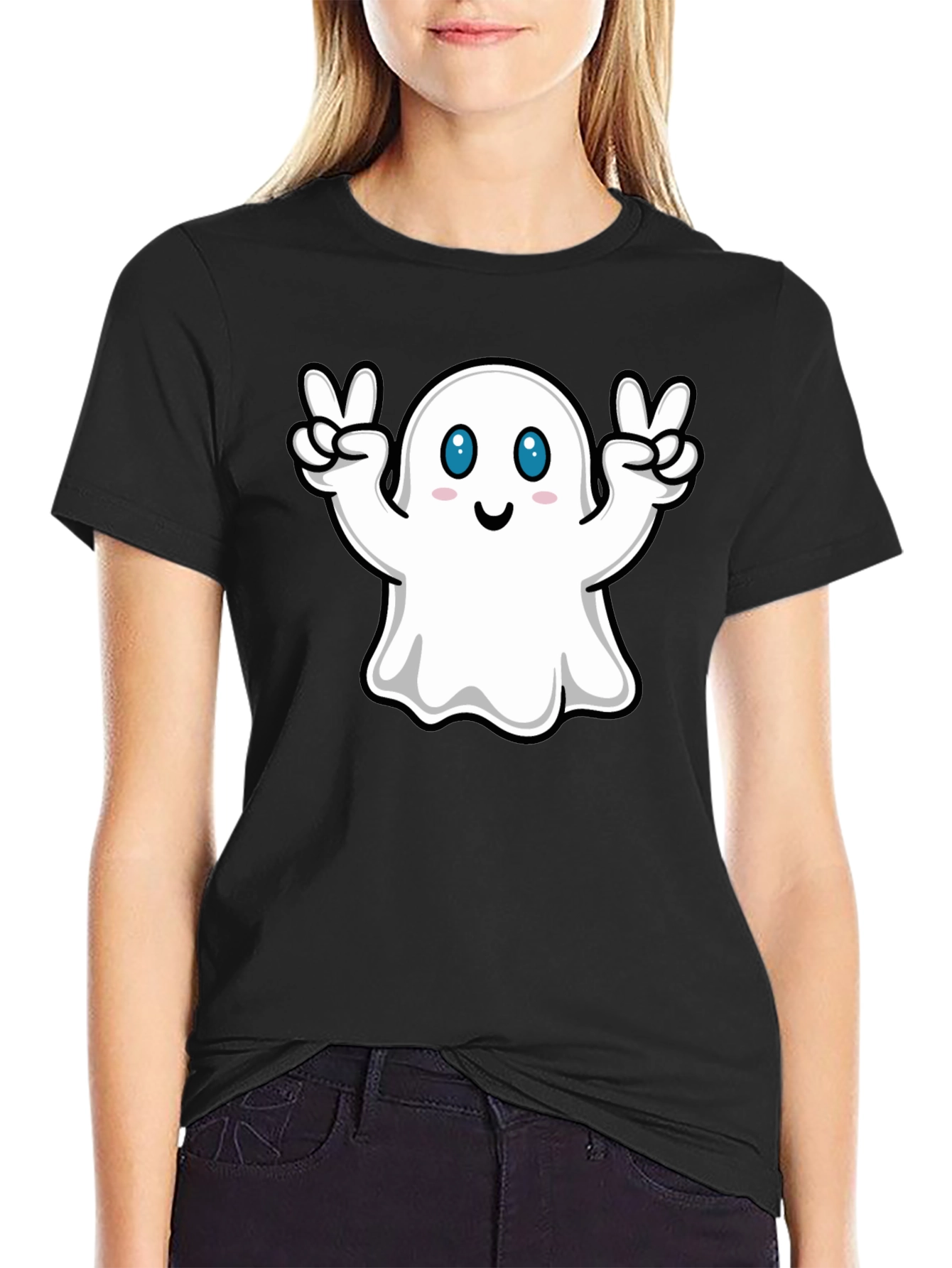 Black Cute Ghost Peace Sign Black T-Shirt view 2