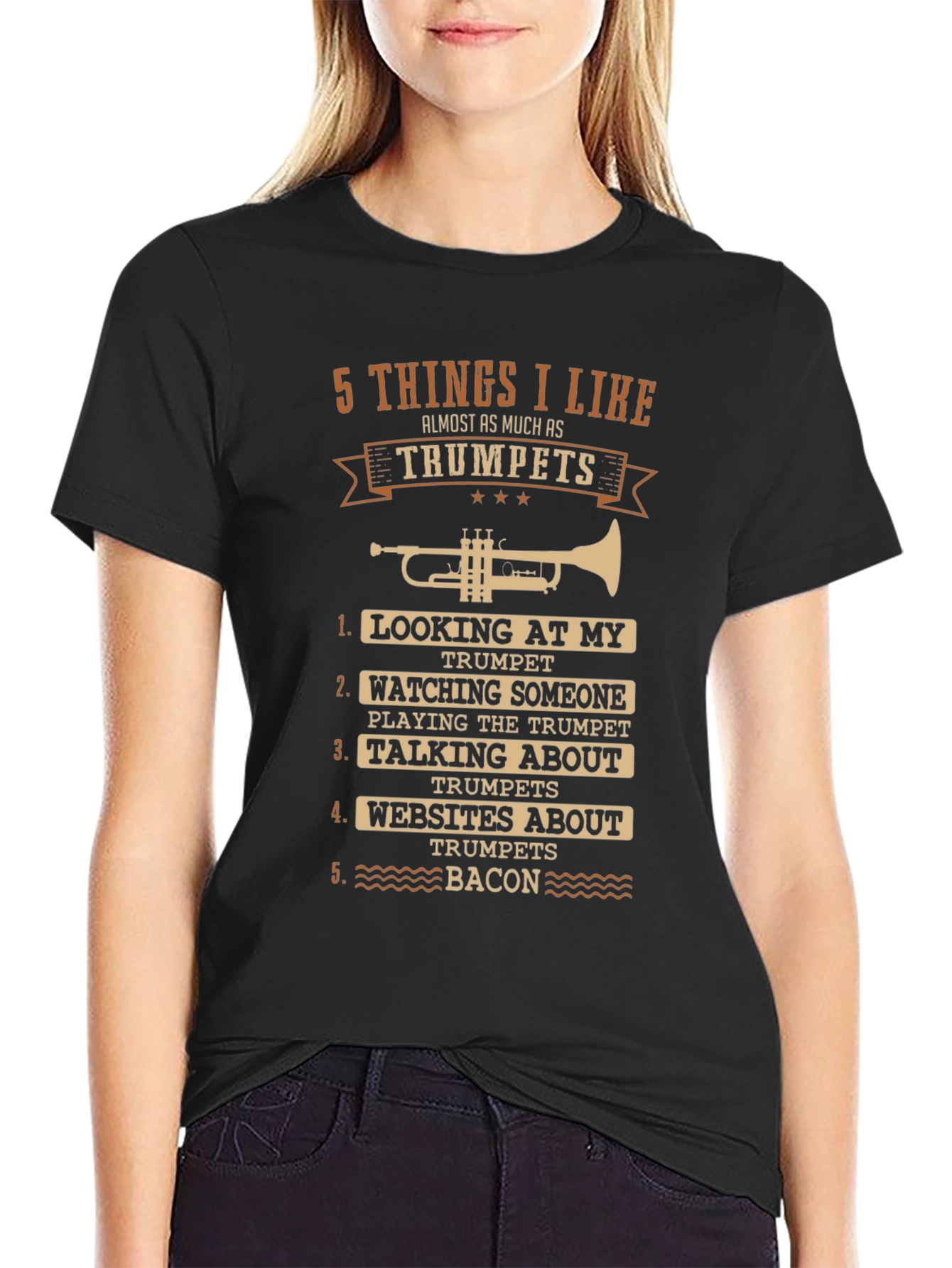 Black Trumpet Lover T-Shirt - 5 Things I Like, Music Gift view 2