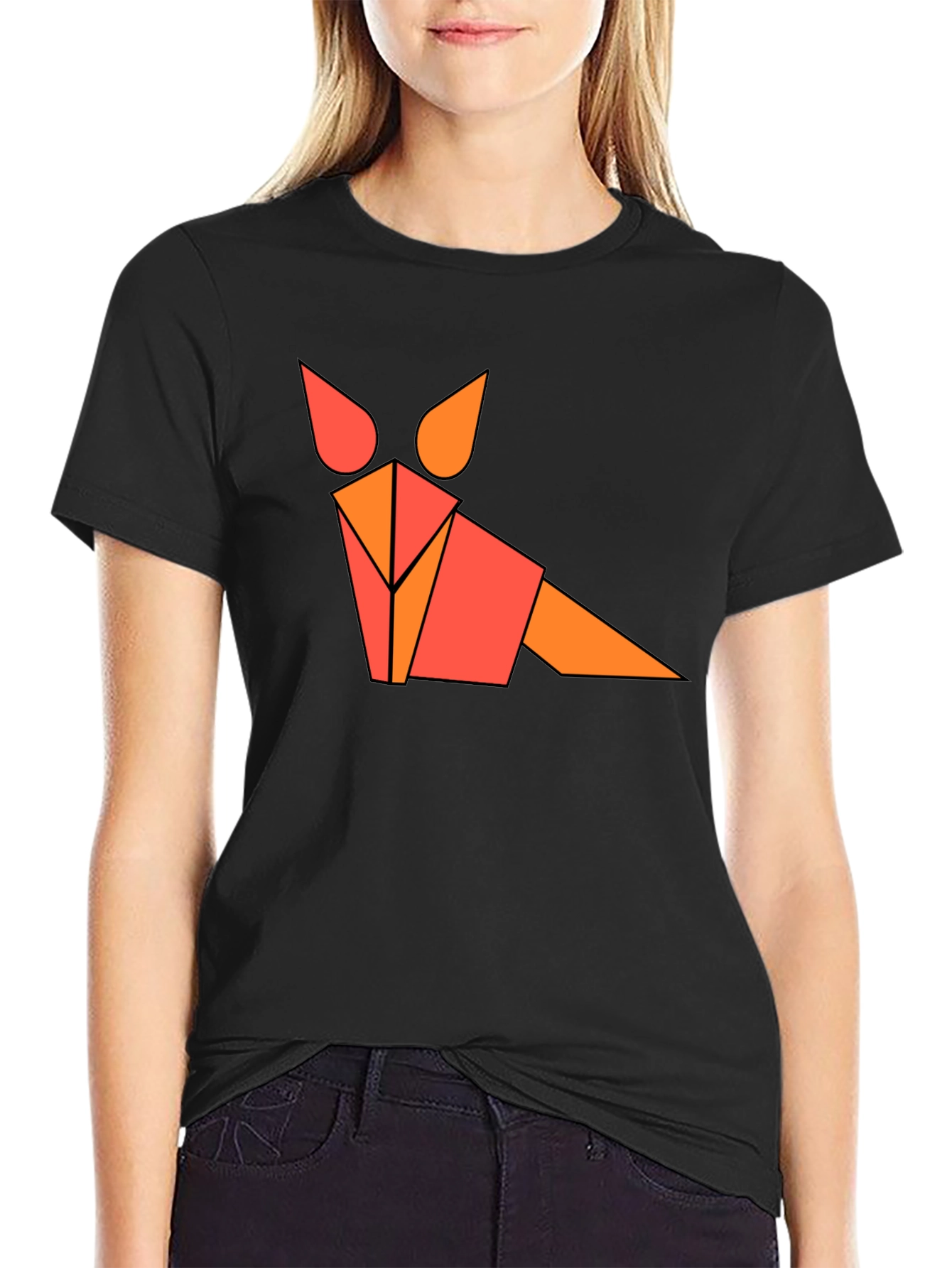 Black Geometric Fox Graphic Tee - Black, Modern Design view 2