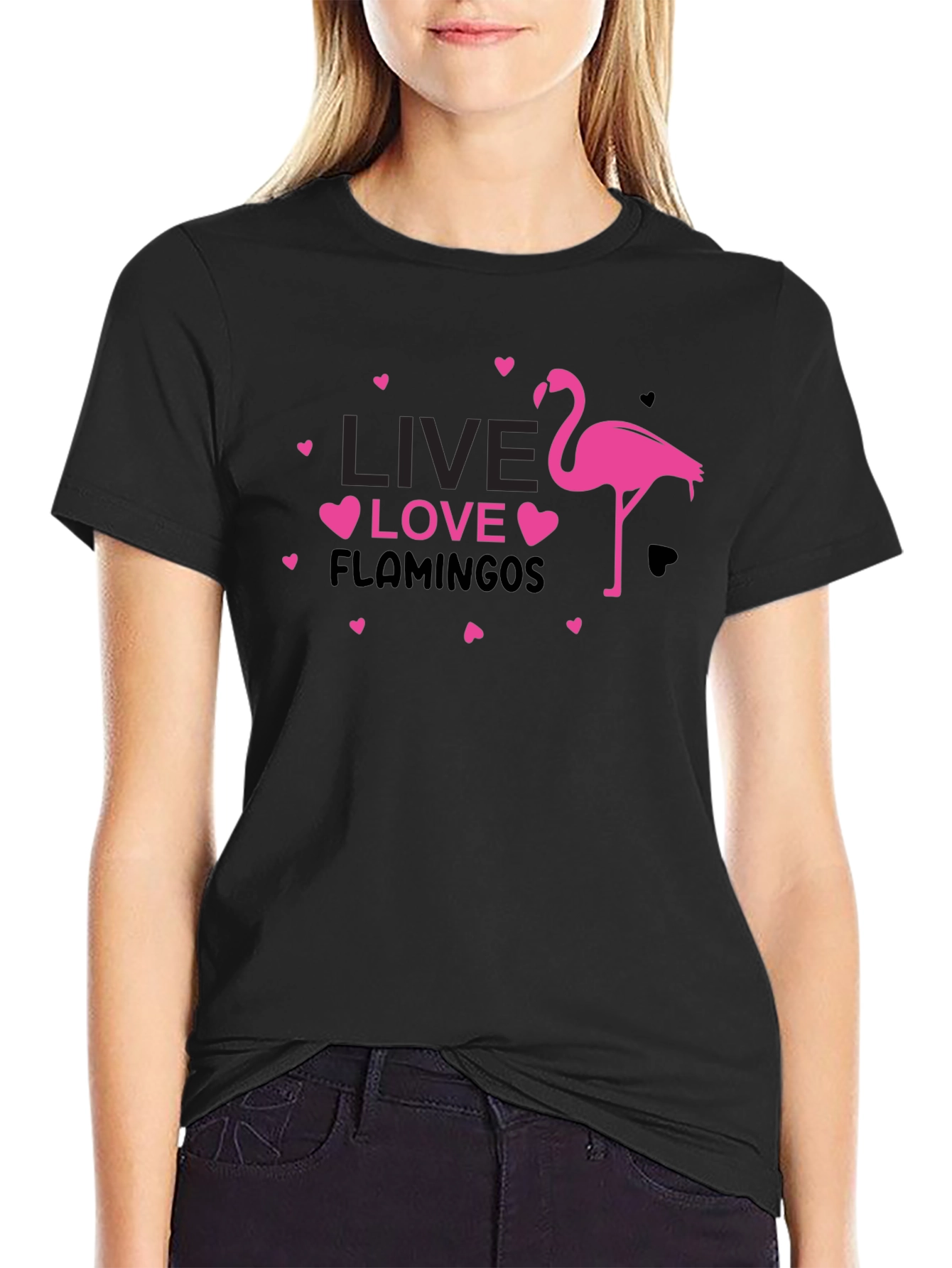 Black Live Love Flamingos Black T-Shirt view 2