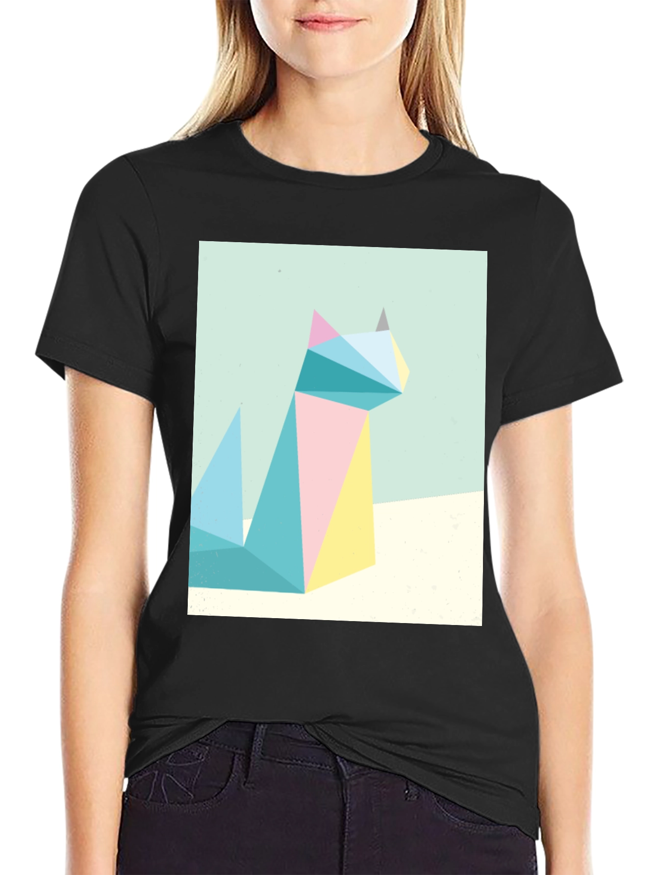 Black Geometric Cat Print Tee - Modern Art Shirt view 2