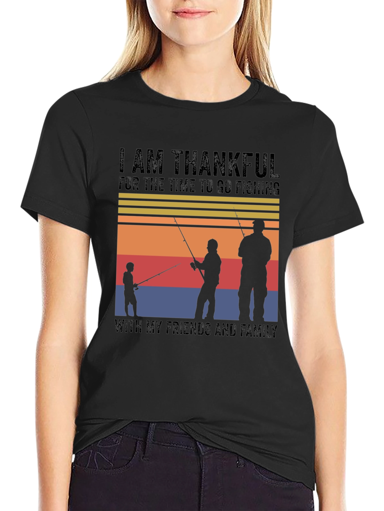 Black Thankful Fishing Friends Family T-Shirt view 2