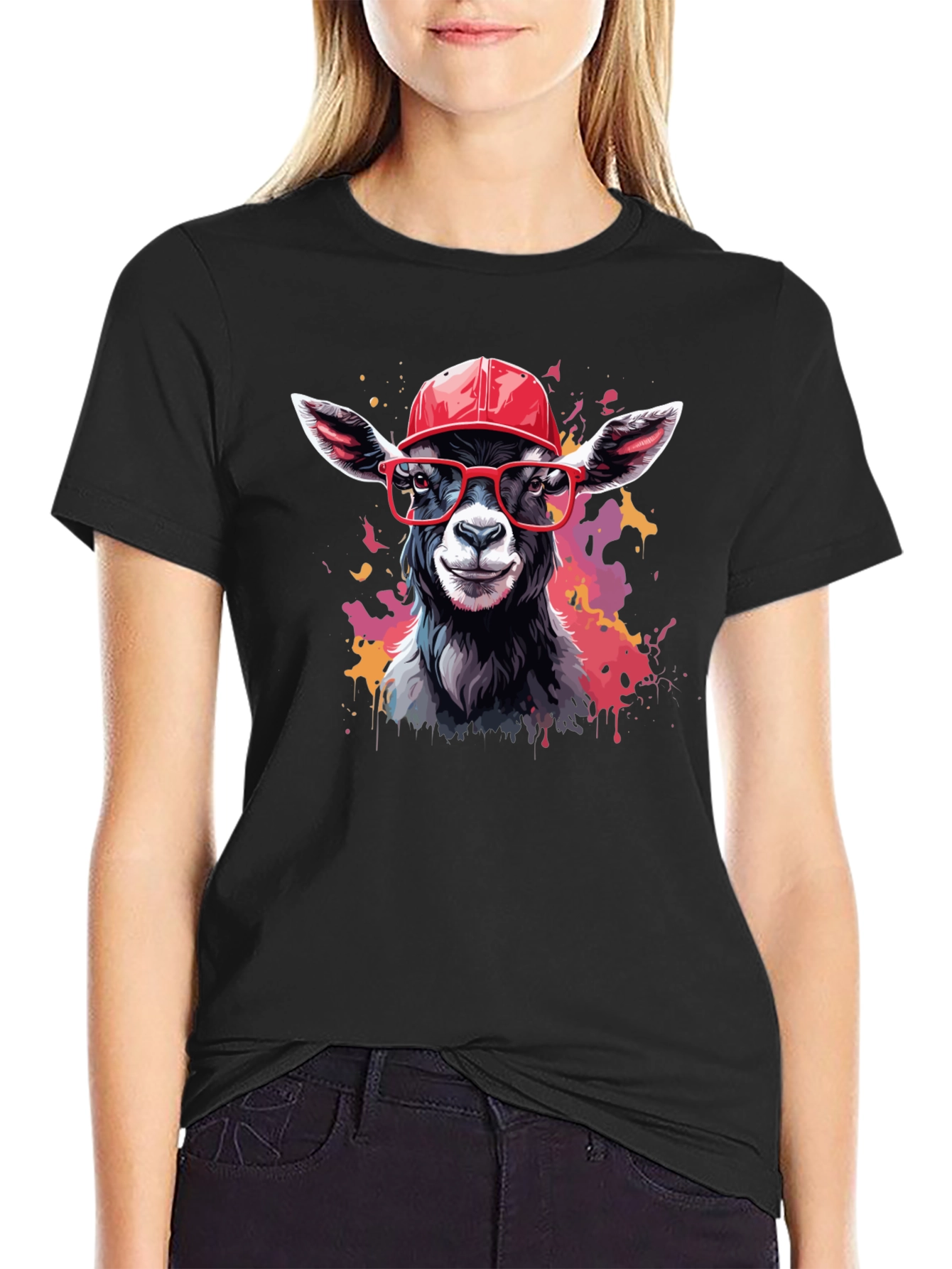 Black Goat Tee with Cap and Glasses - Cool Animal Design! view 2