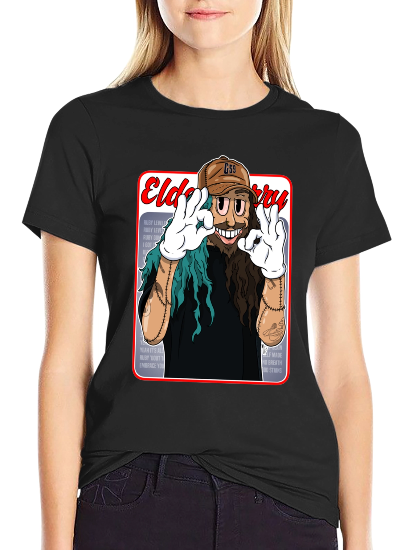 Black Eldo Berry Cartoon Style Black T-Shirt view 2