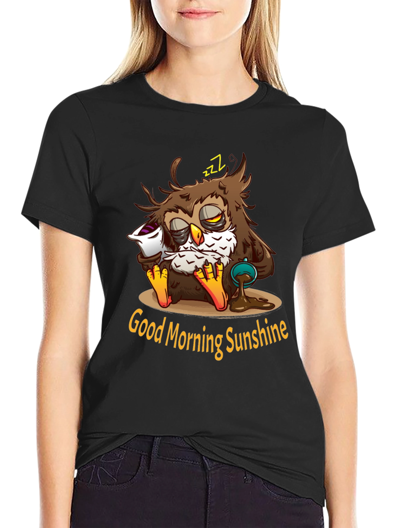 Black Funny Sleepy Owl Coffee T-Shirt - Good Morning Sunshine view 2