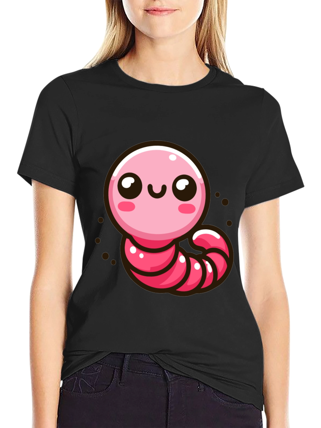 Black Cute Pink Worm Graphic T-Shirt view 2