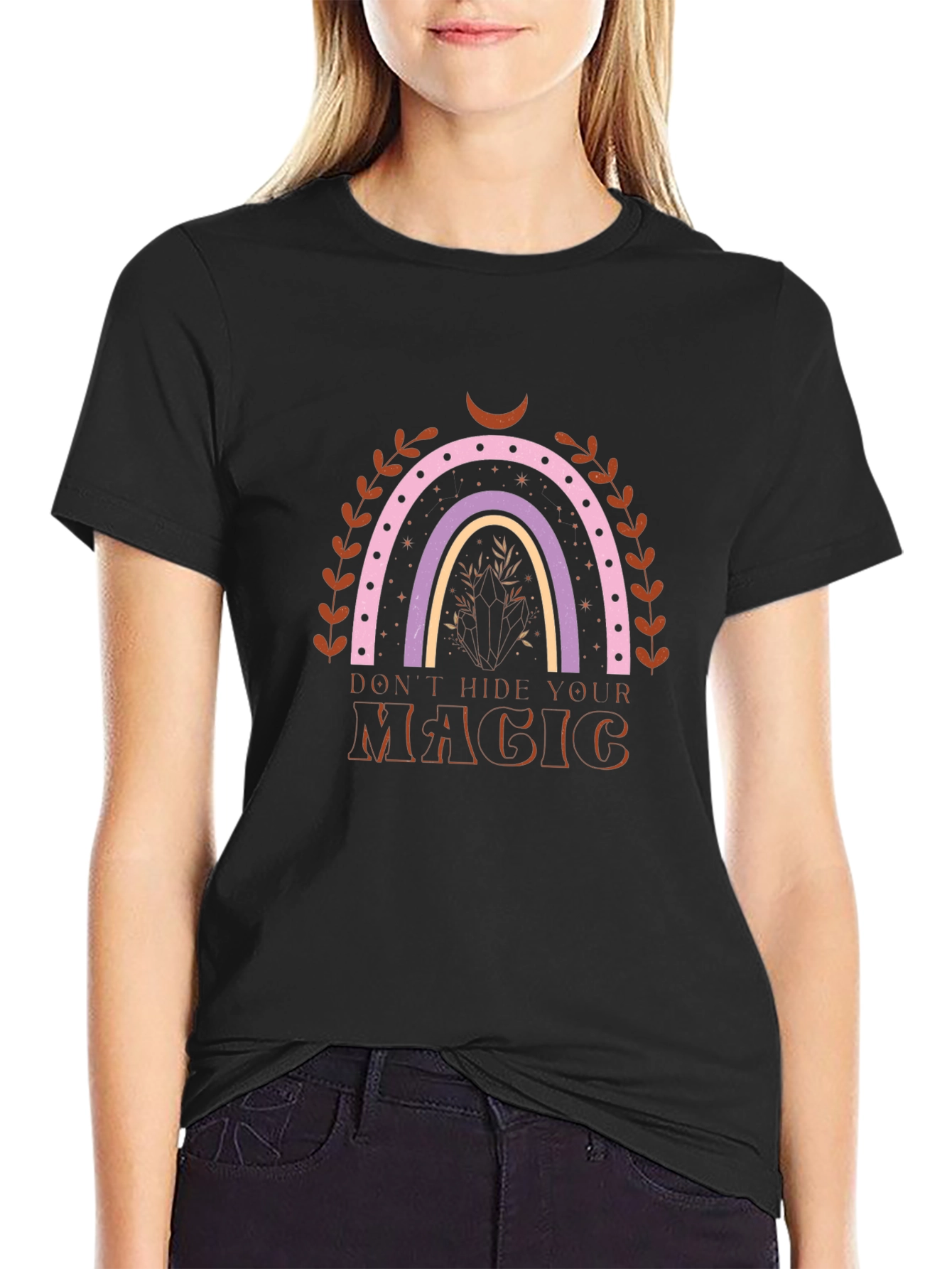 Black Boho Rainbow Magic Tee - Unisex Black T-Shirt view 2