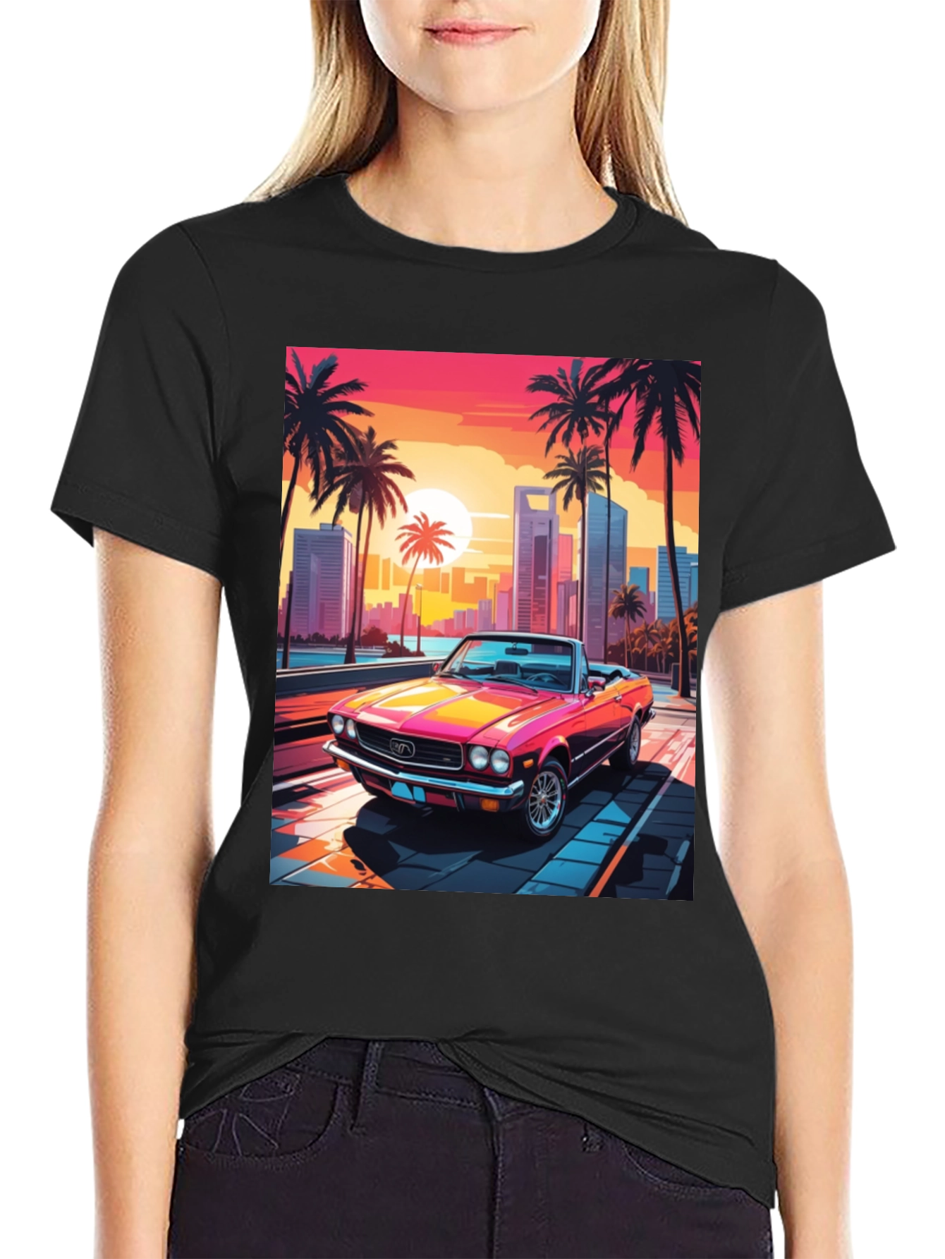 Black Retro Sunset Car Graphic Tee view 2