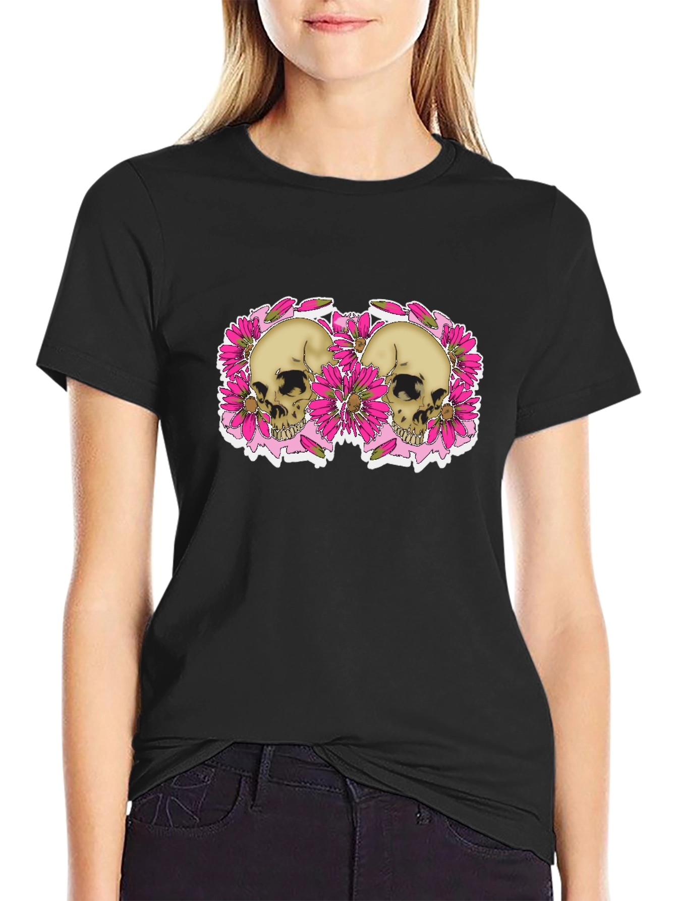 Black Skull & Floral Graphic Tee - Black view 2