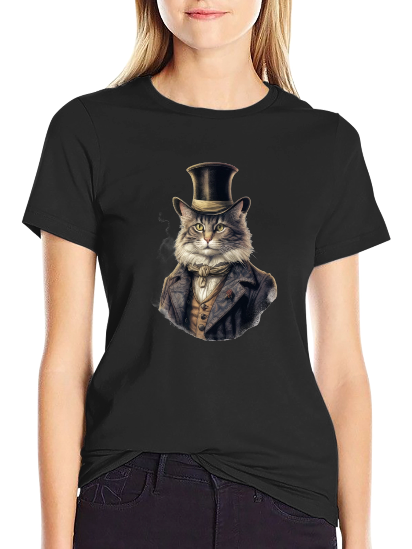 Black Dapper Cat Top Hat T-Shirt view 2