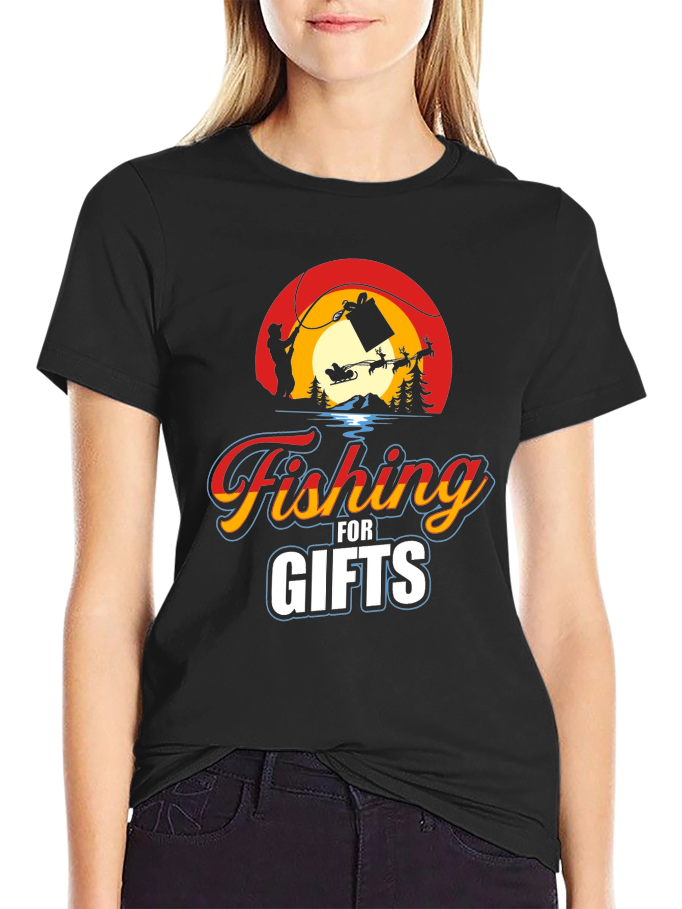 Black Fishing for Gifts Graphic Tee view 2