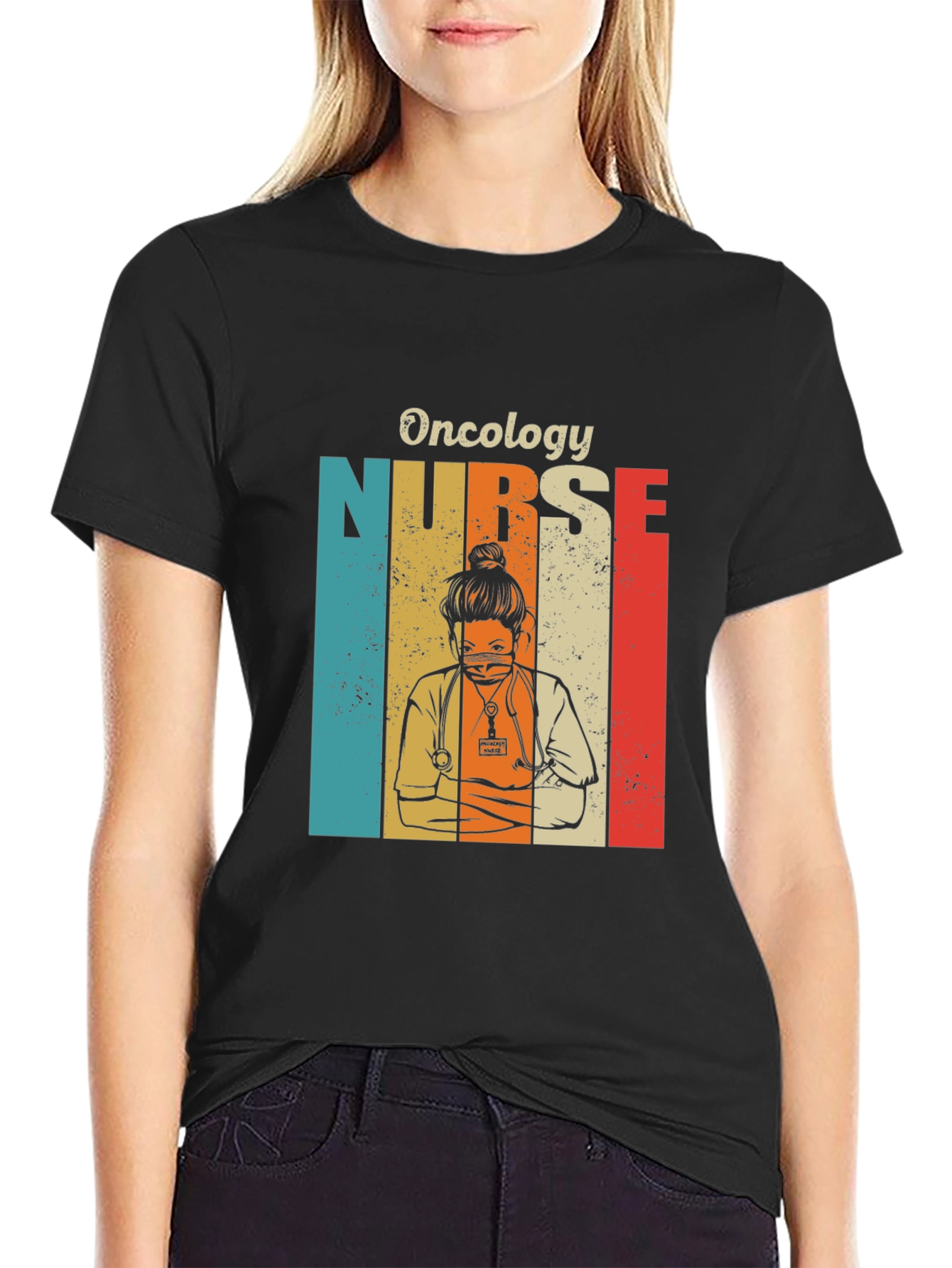 Black Oncology Nurse Retro T-Shirt view 2