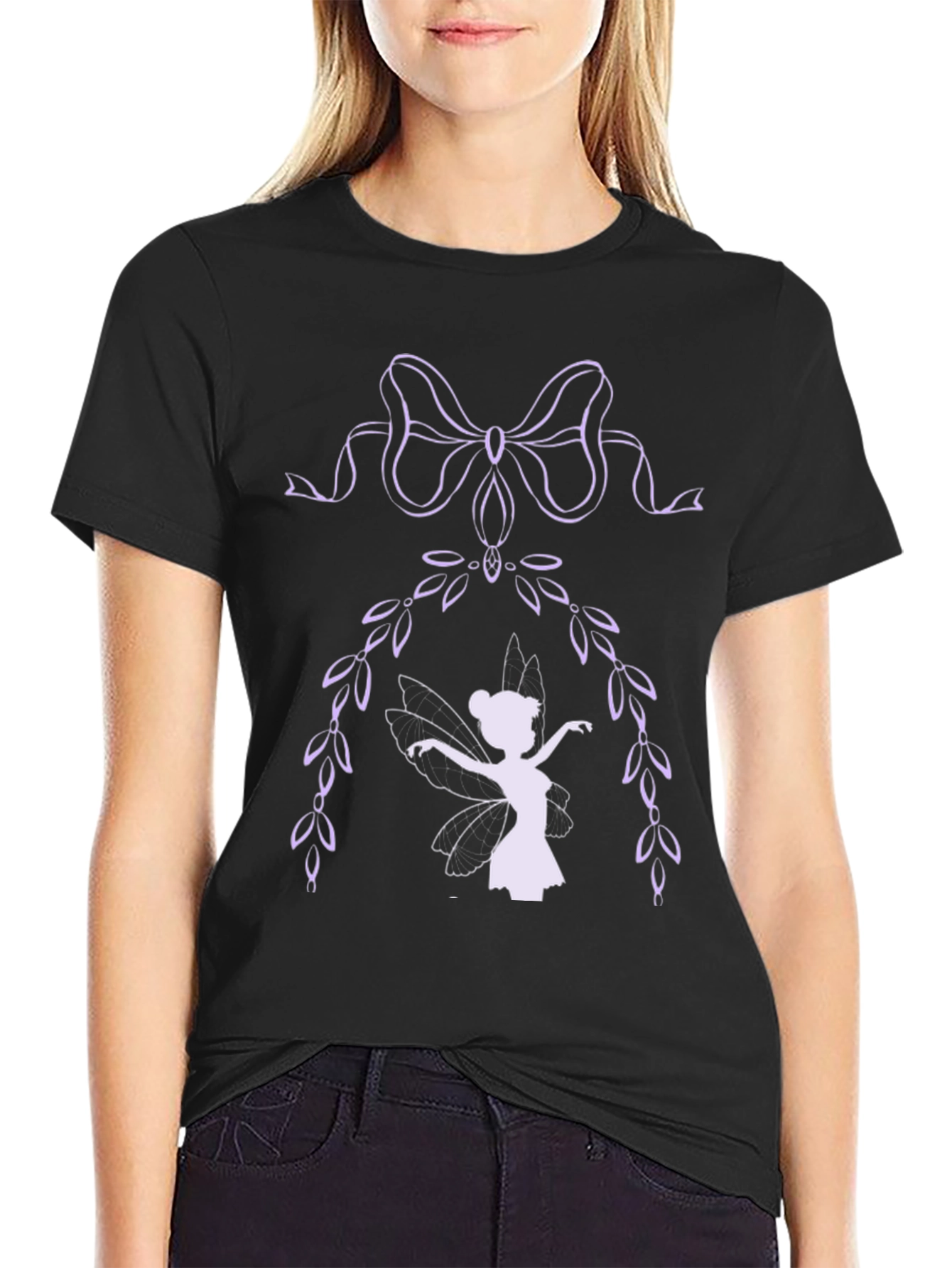 Black Whimsical Fairy Graphic Tee - Black Cotton Blend view 2