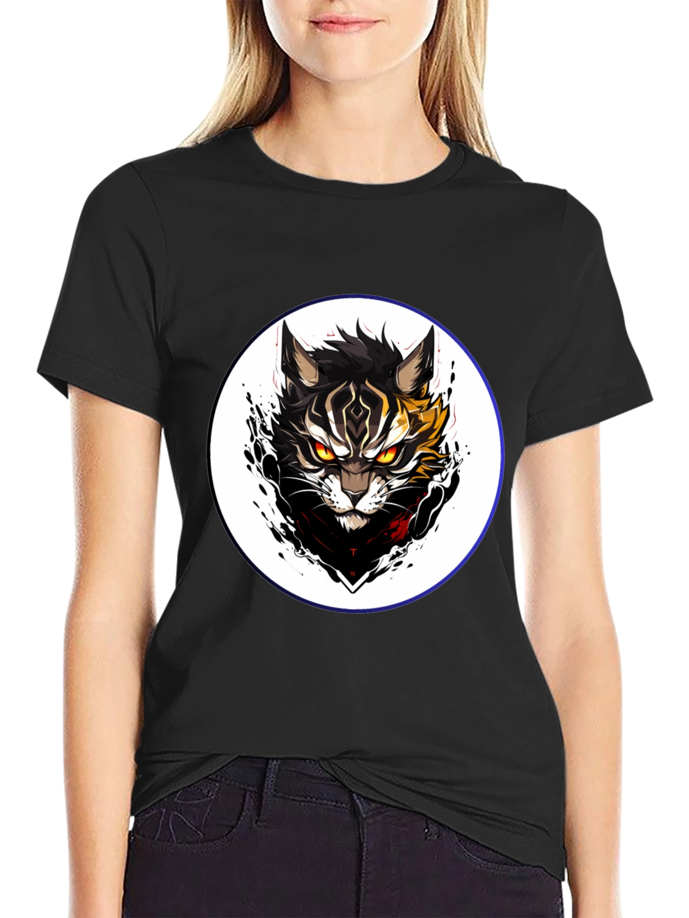 Black Black T-Shirt with Cat Design view 2