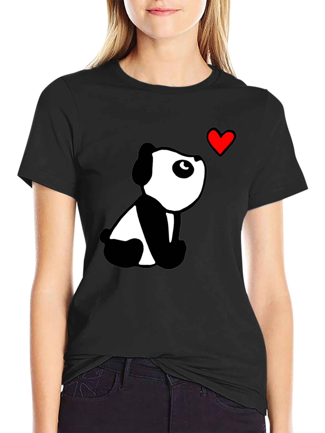 Black Cute Panda Heart Black T-Shirt view 2