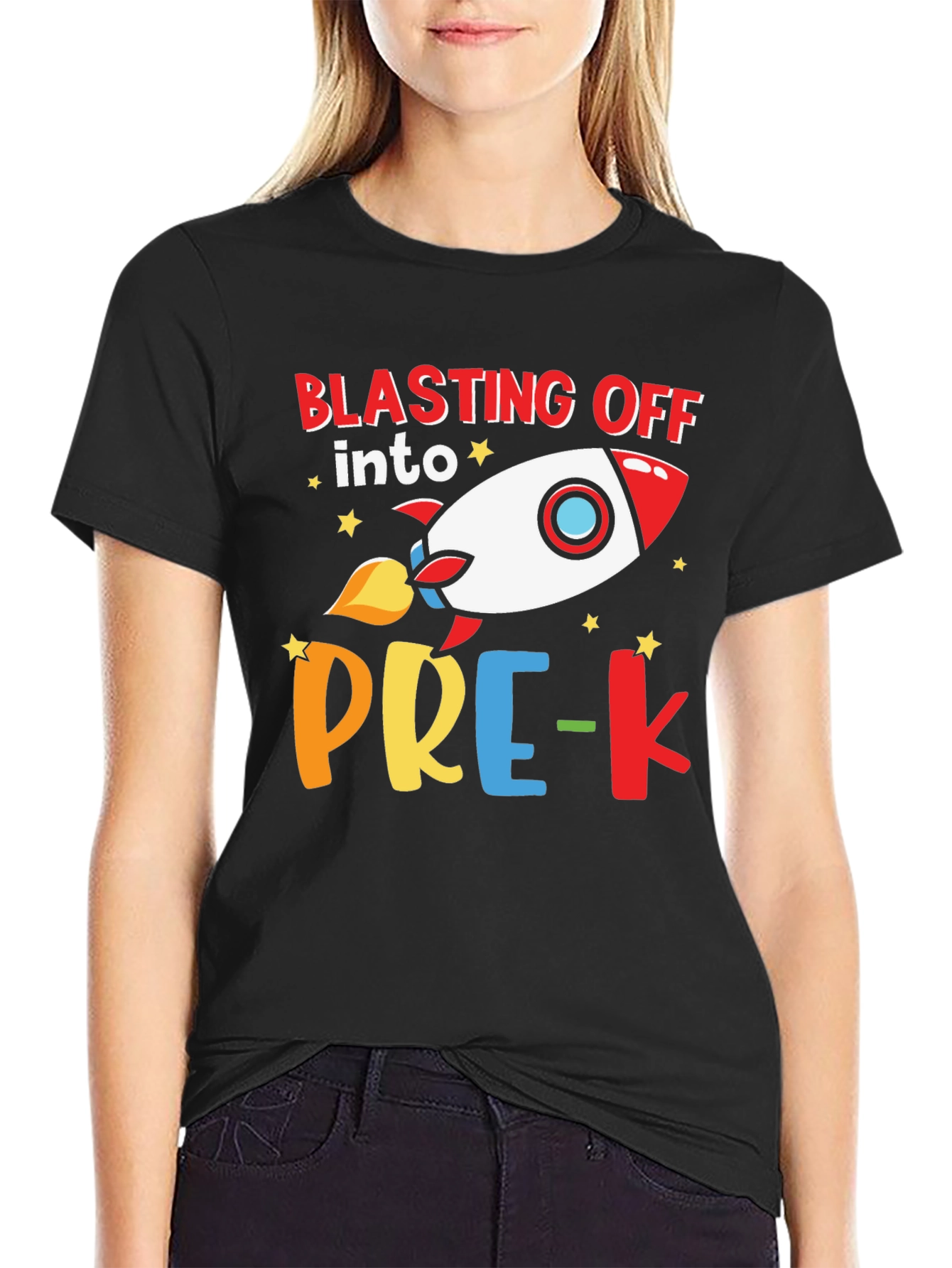 Black Blasting Off into Pre-K Rocket T-Shirt view 2