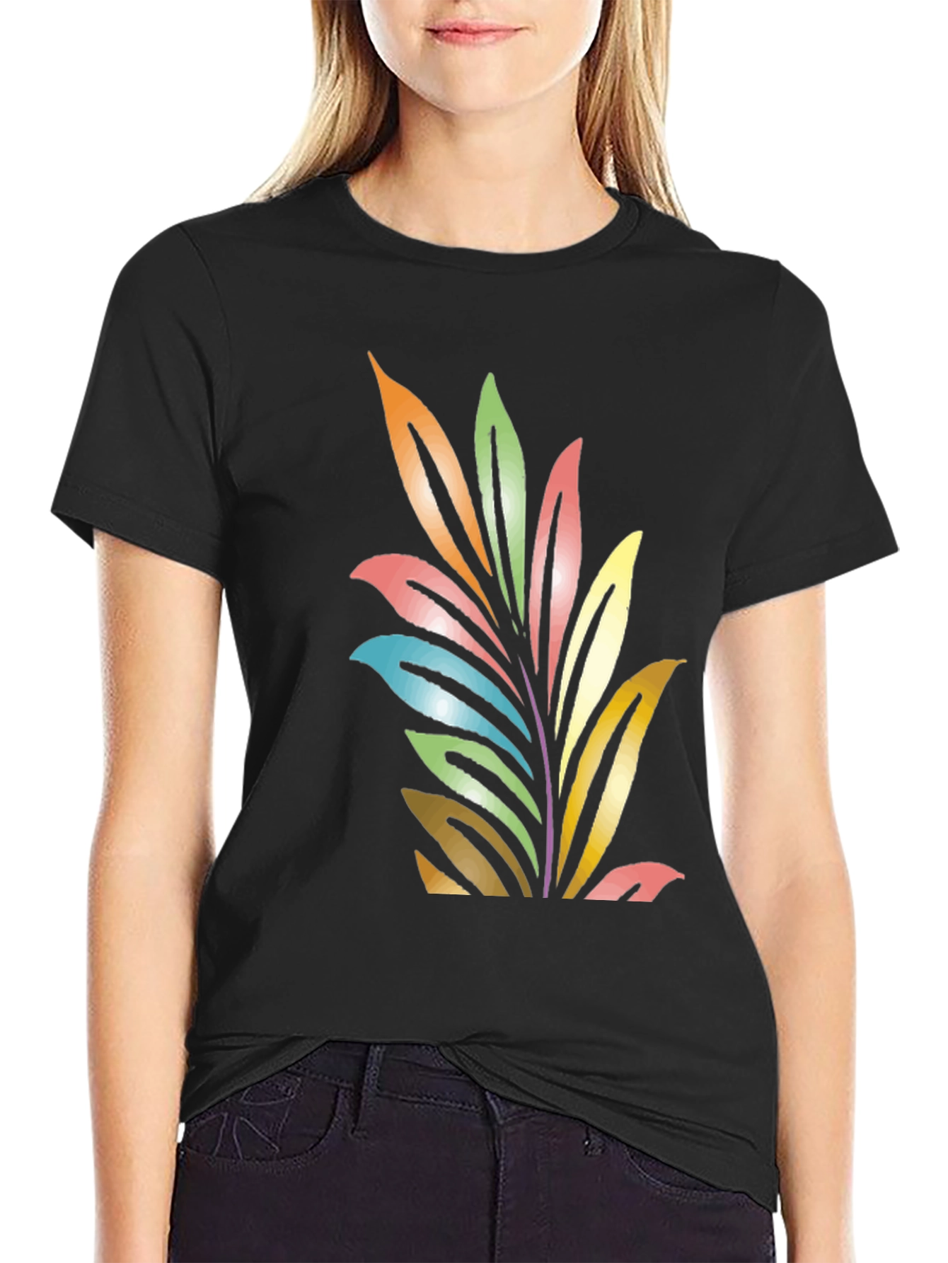 Black Colorful Leaf Graphic Black T-Shirt view 2