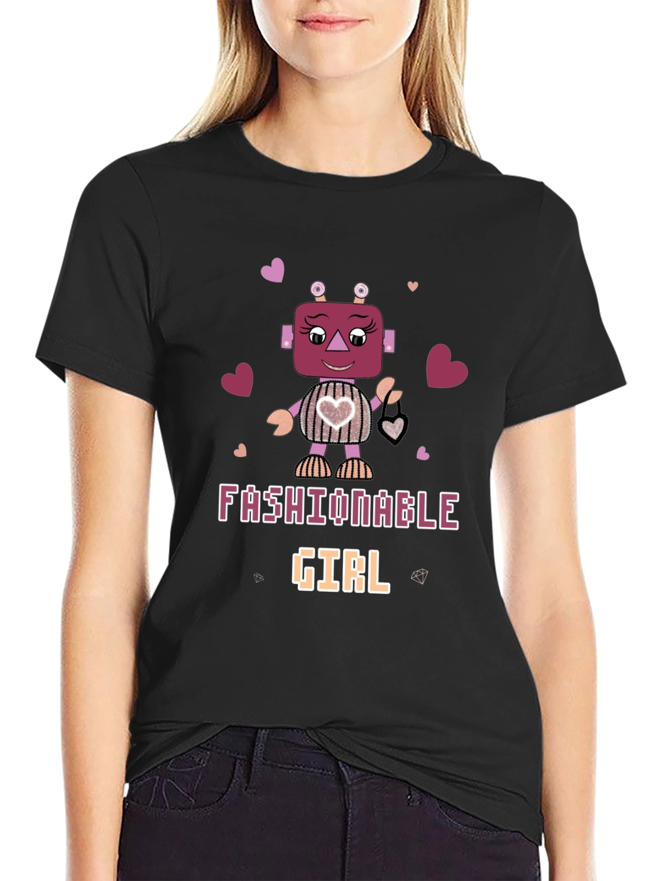 Black Fashionable Girl Robot Graphic Tee view 2