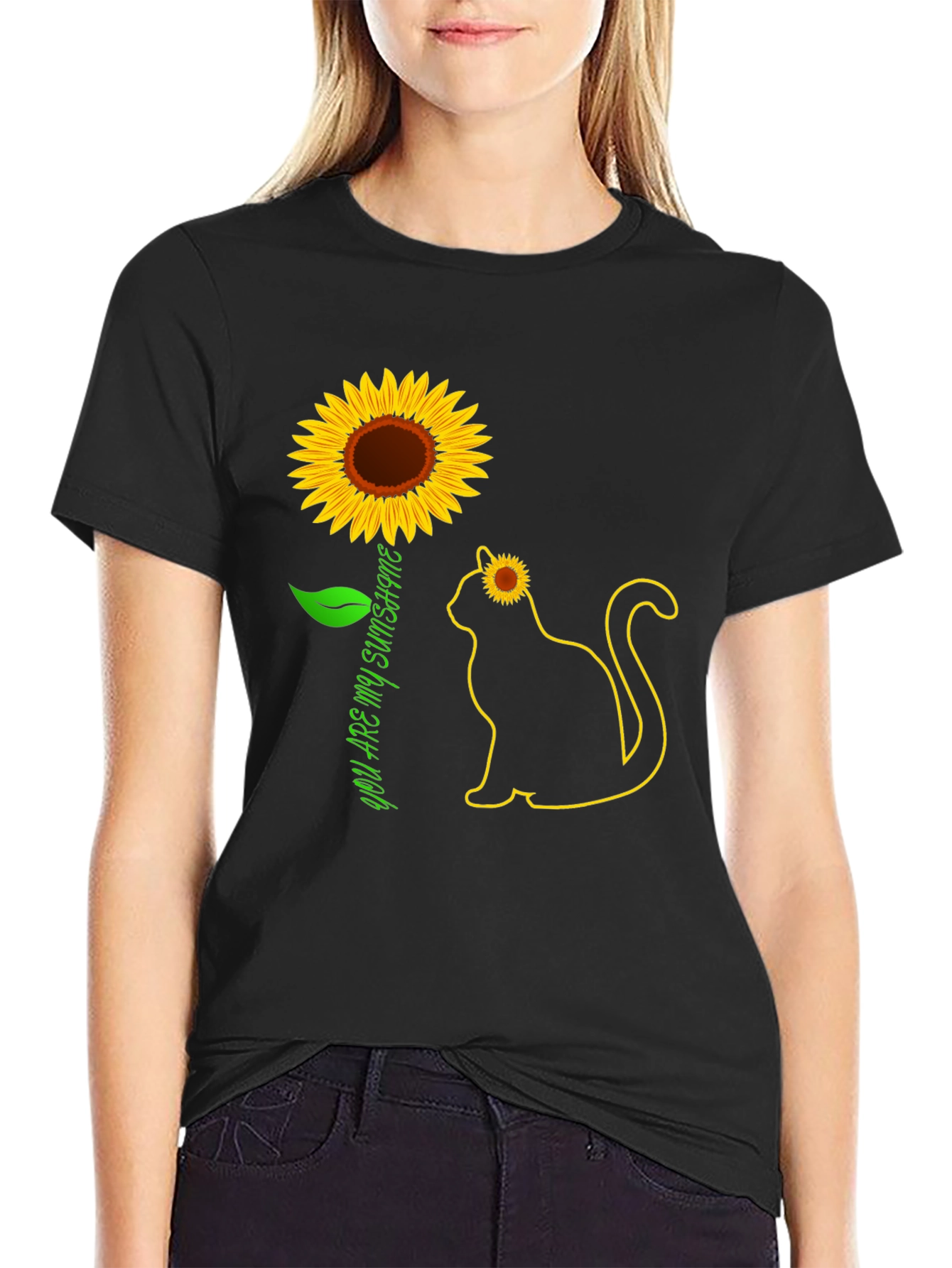 Black Sunflower Cat Graphic Tee - You Are My Sunshine T-Shirt view 2